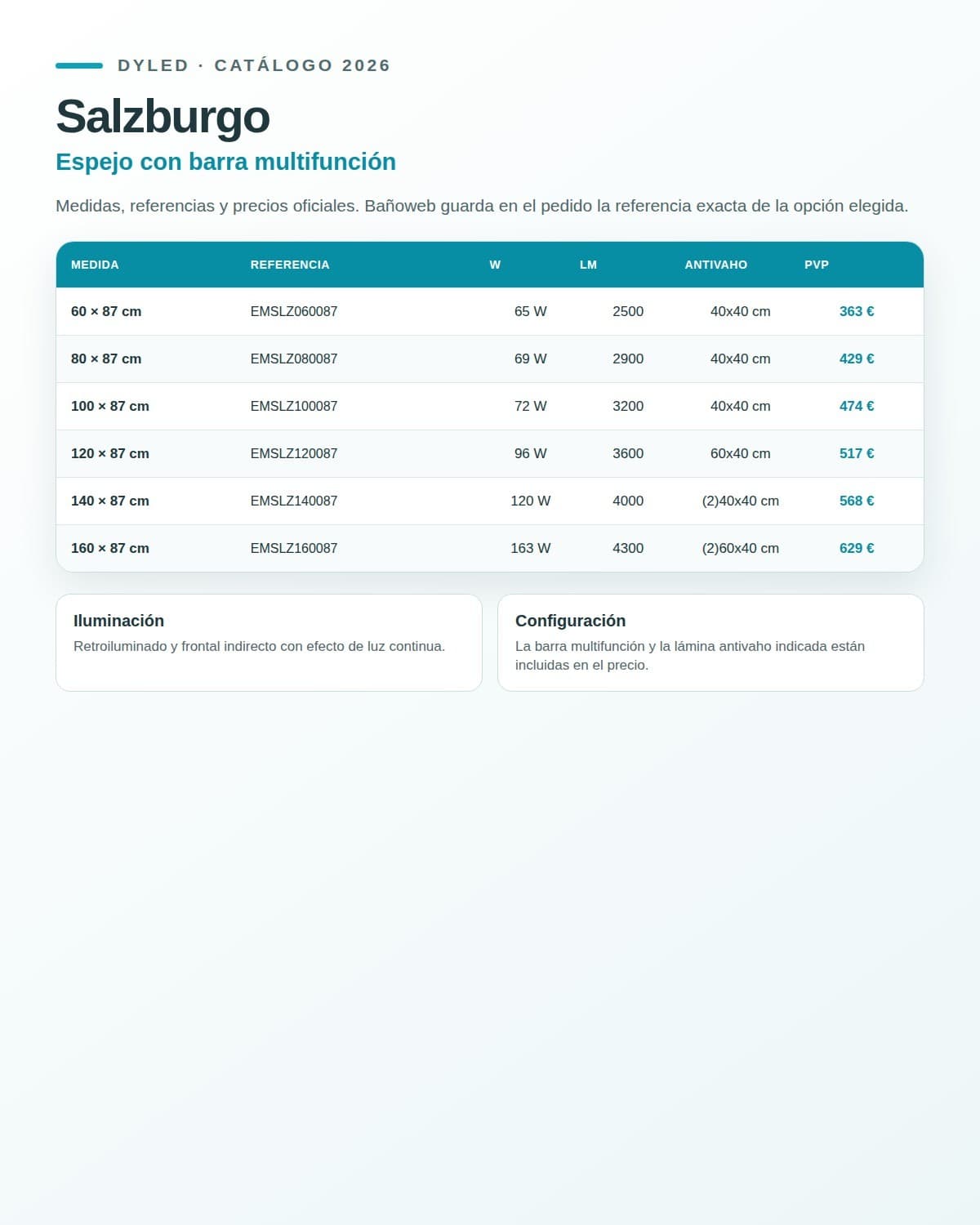 Espejo de baño LED Salzburgo de DYLED con barra multifunción, 60-160 cm