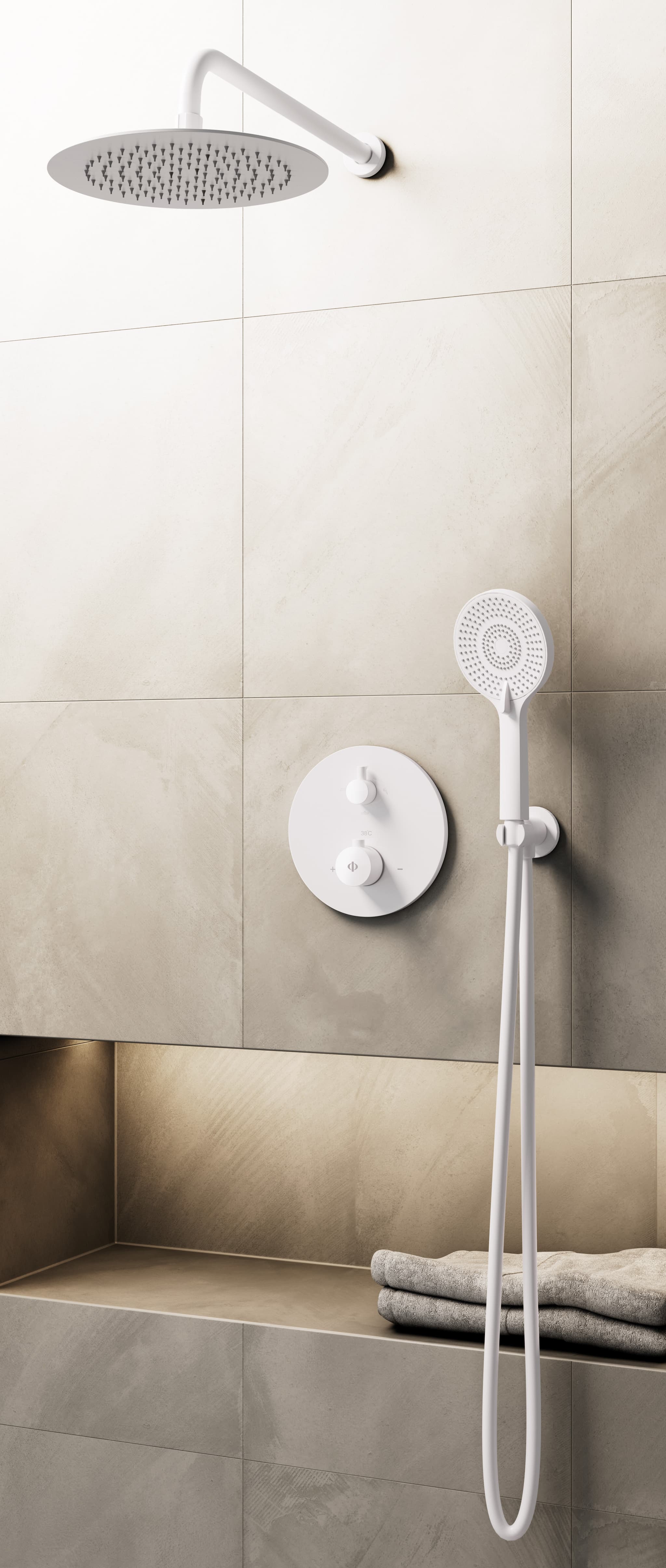 Conjunto de ducha empotrado termostático Round blanco con rociador de pared C3082BL-P