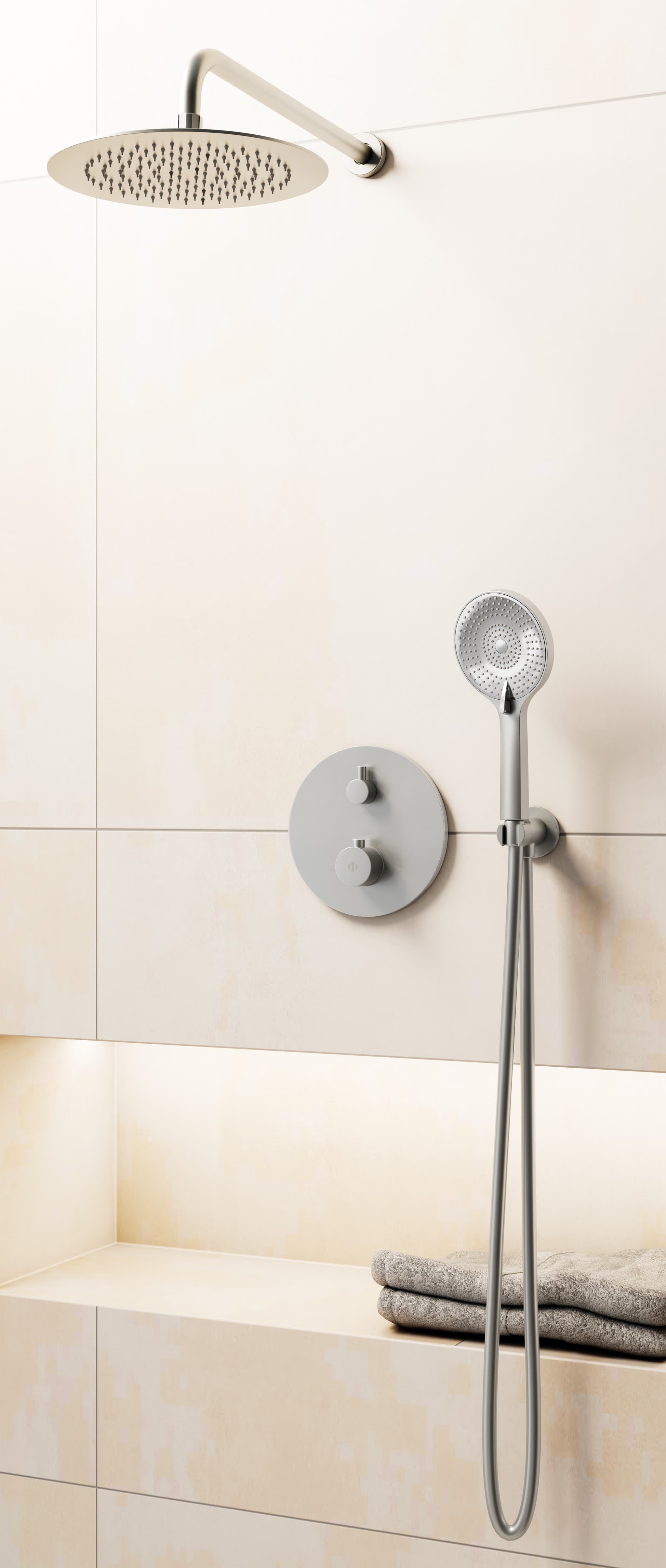 Conjunto de ducha empotrado termostático Round níquel con rociador de pared C3082NK-P