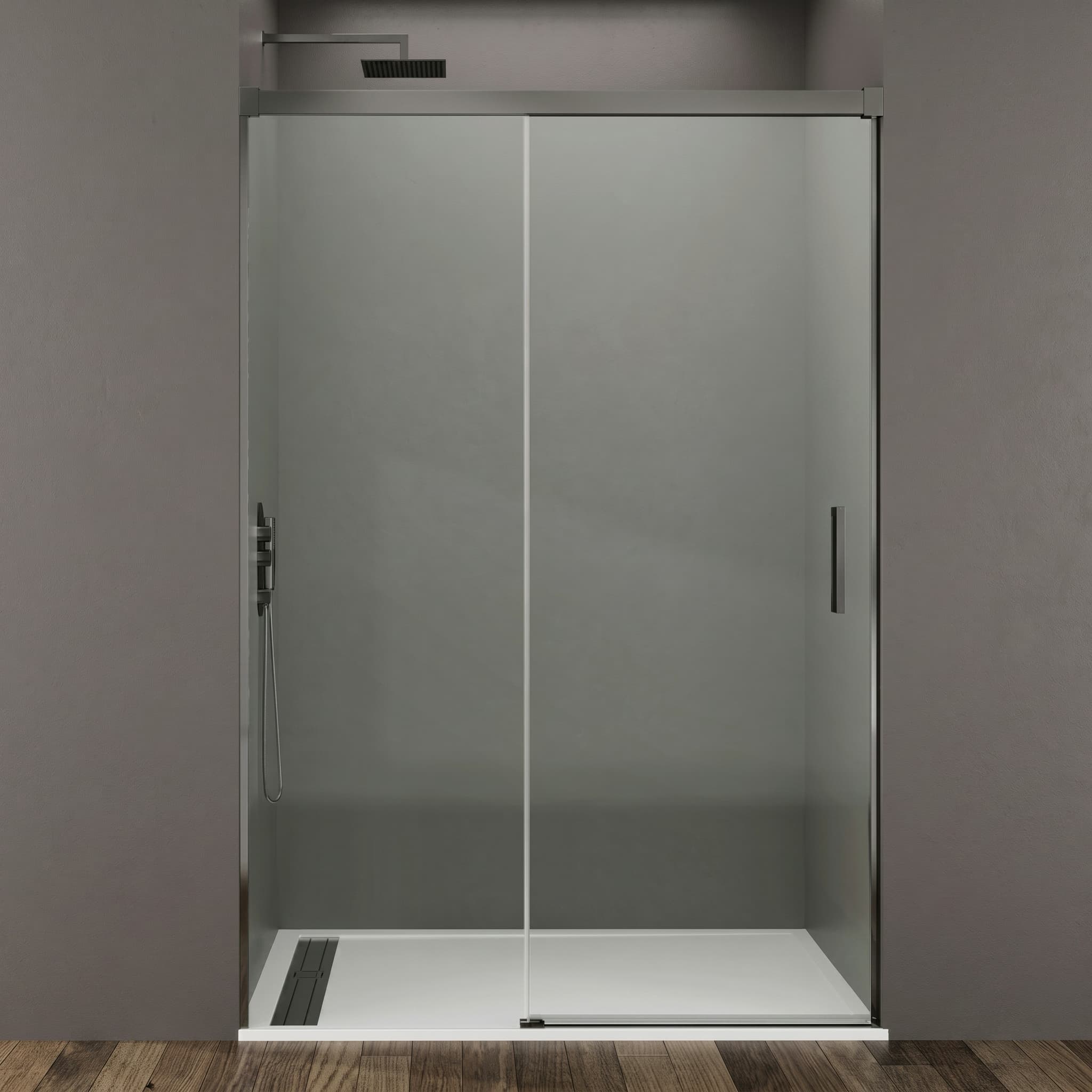 Mampara frontal fijo con puerta corredera BASIC de GME titanio