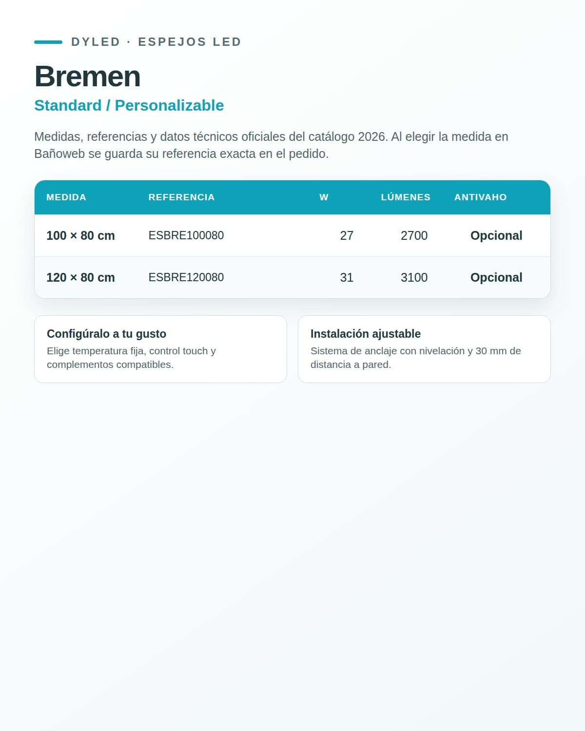 Espejo de baño LED Bremen de DYLED · Standard y Standard Pro
