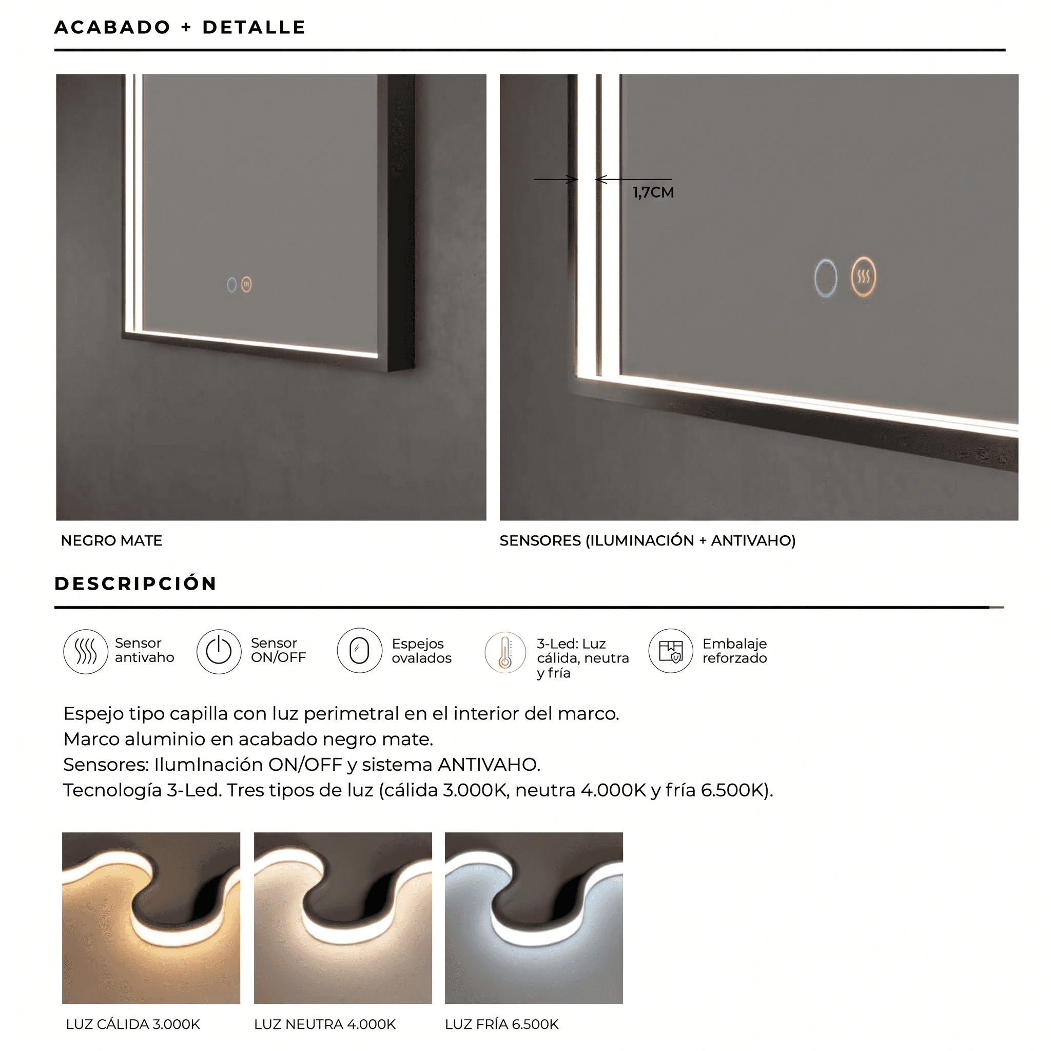 Espejo de baño con luz LED Roma Ledimex