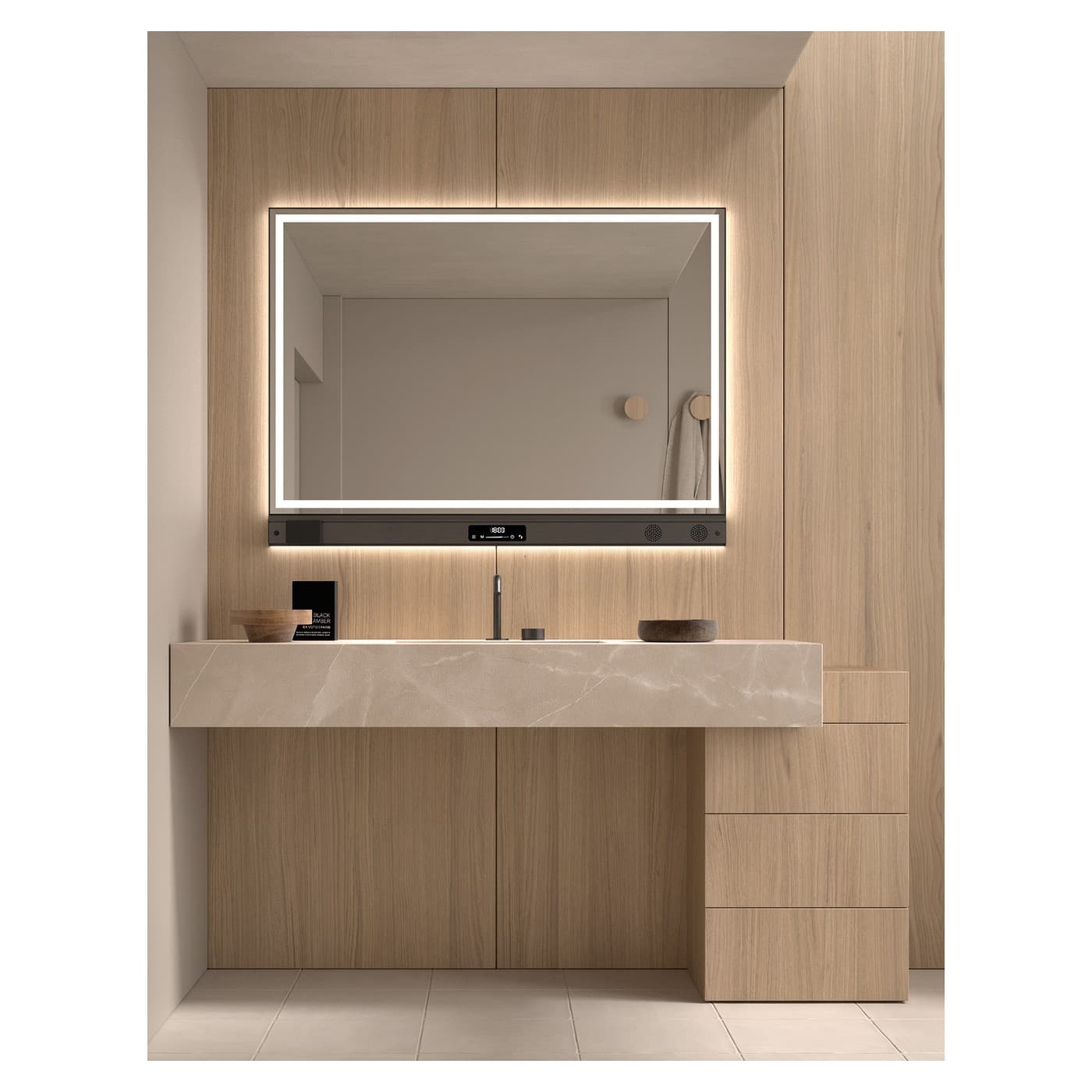 Espejo de baño LED Amalfi de DYLED con barra multifunción, 100-120 cm