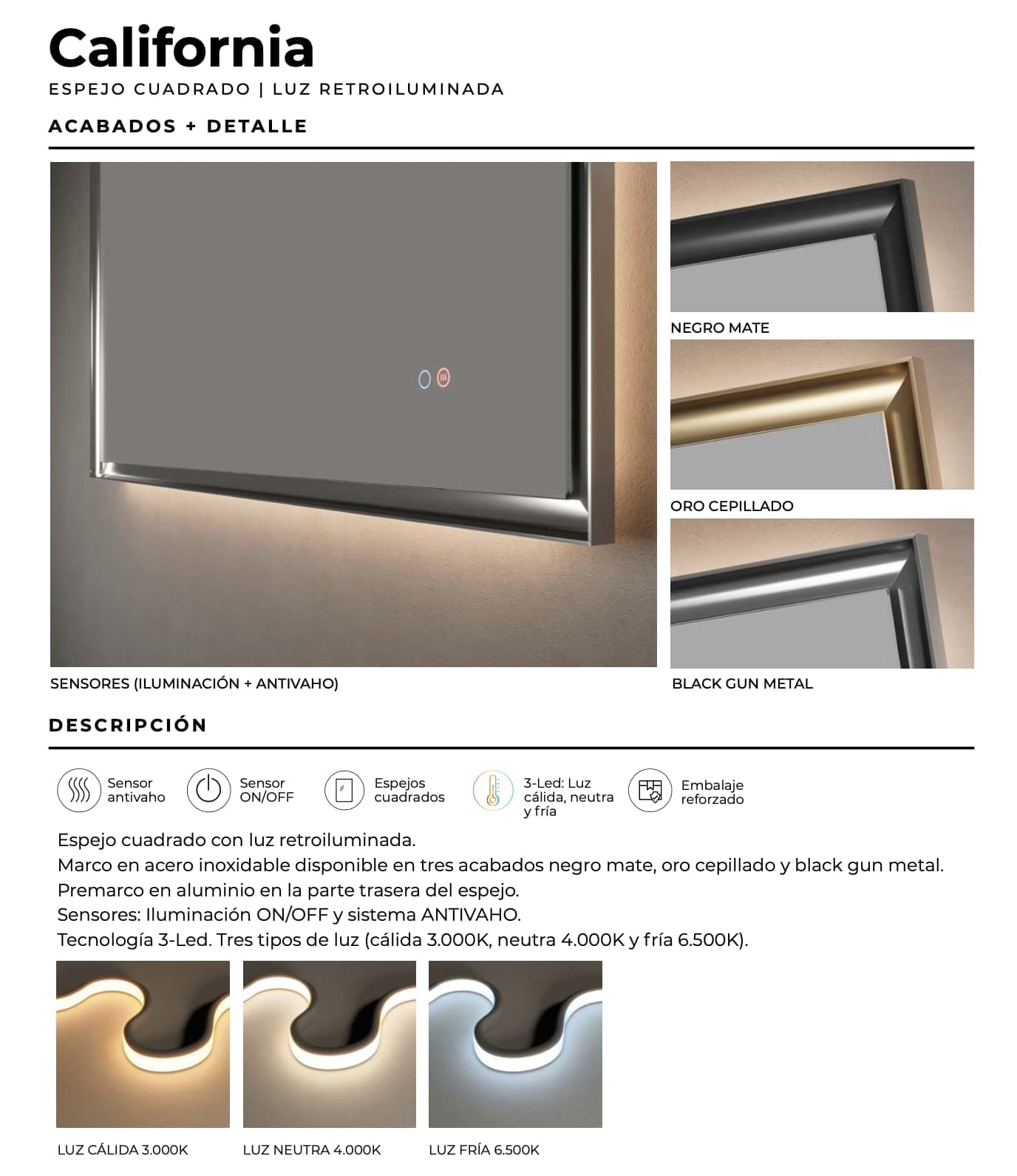 Espejo de baño con luz LED California Ledimex ( Negro, black gun metal, oro cepillado )