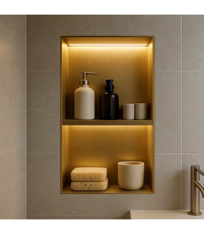Hornacina para baño vertical con dos estantes oro cepillado con luz led Marshall