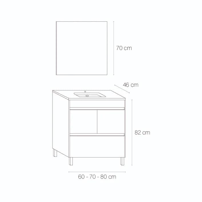 Conjunto completo de mueble de baño con patas de 2p +1c serie Carla (60, 70, 80 y 120)