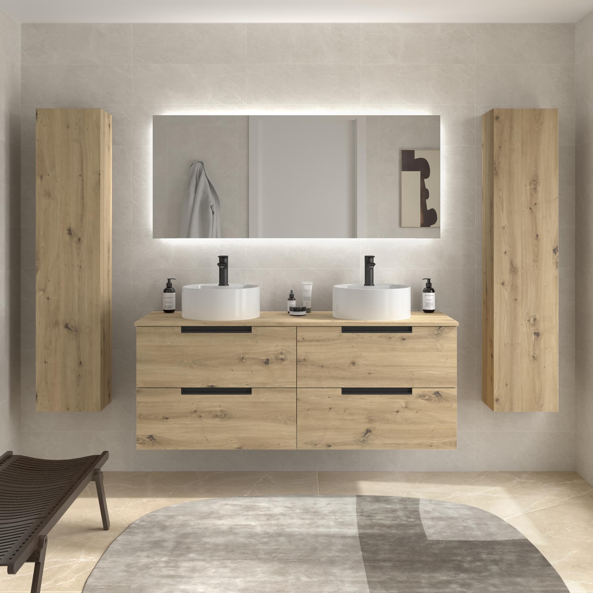 SALGAR LENI Mueble de baño suspendido con lavabo Lisboa 120 2 pozas 4 colores - Roble