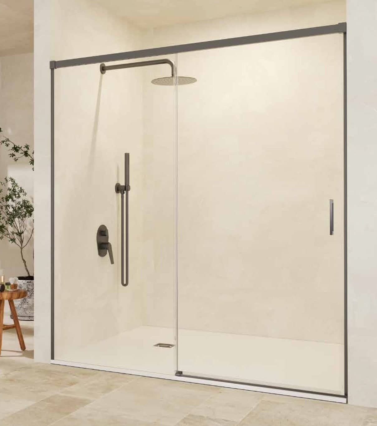 SBX_Imex Mampara de ducha frontal corredera Stylo 1F + 1C Black gun metal Op. lateral fijo
