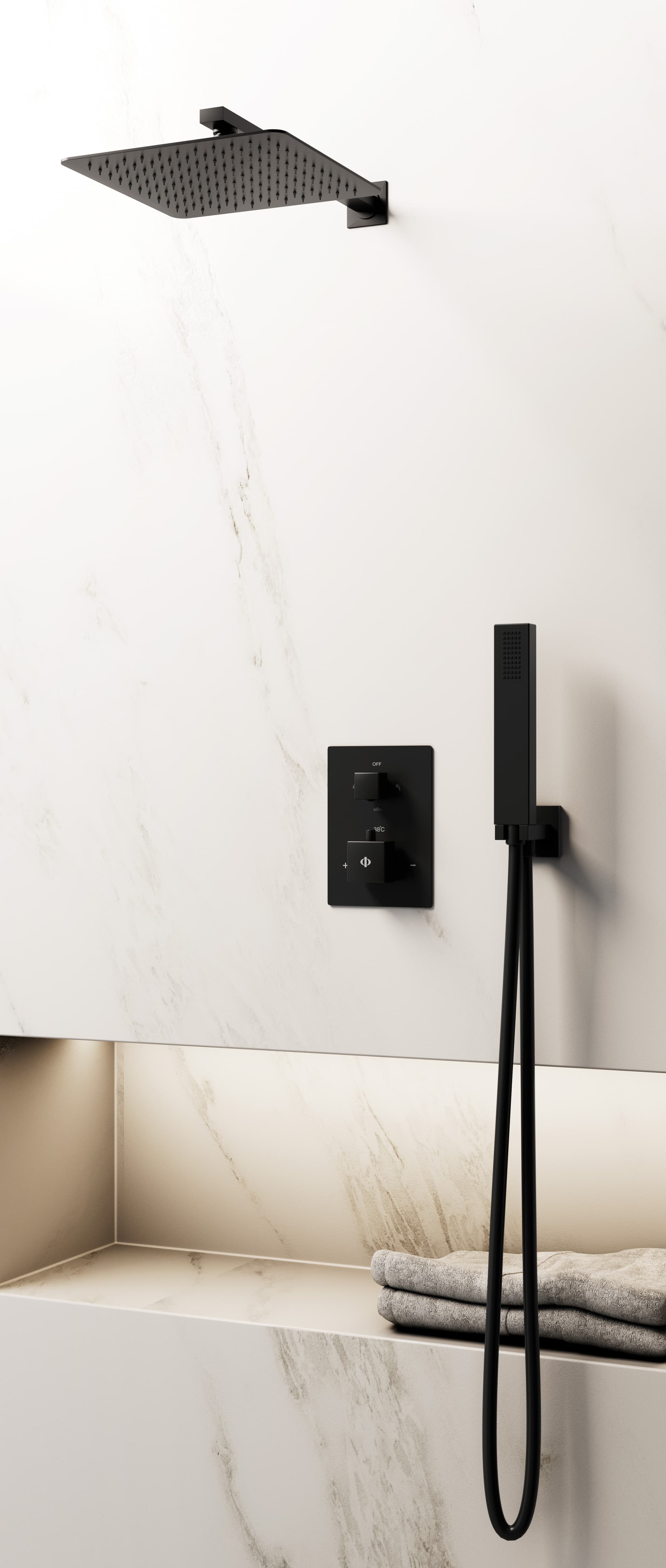 Conjunto de ducha empotrado termostático Orion negro con rociador de pared C3085-P