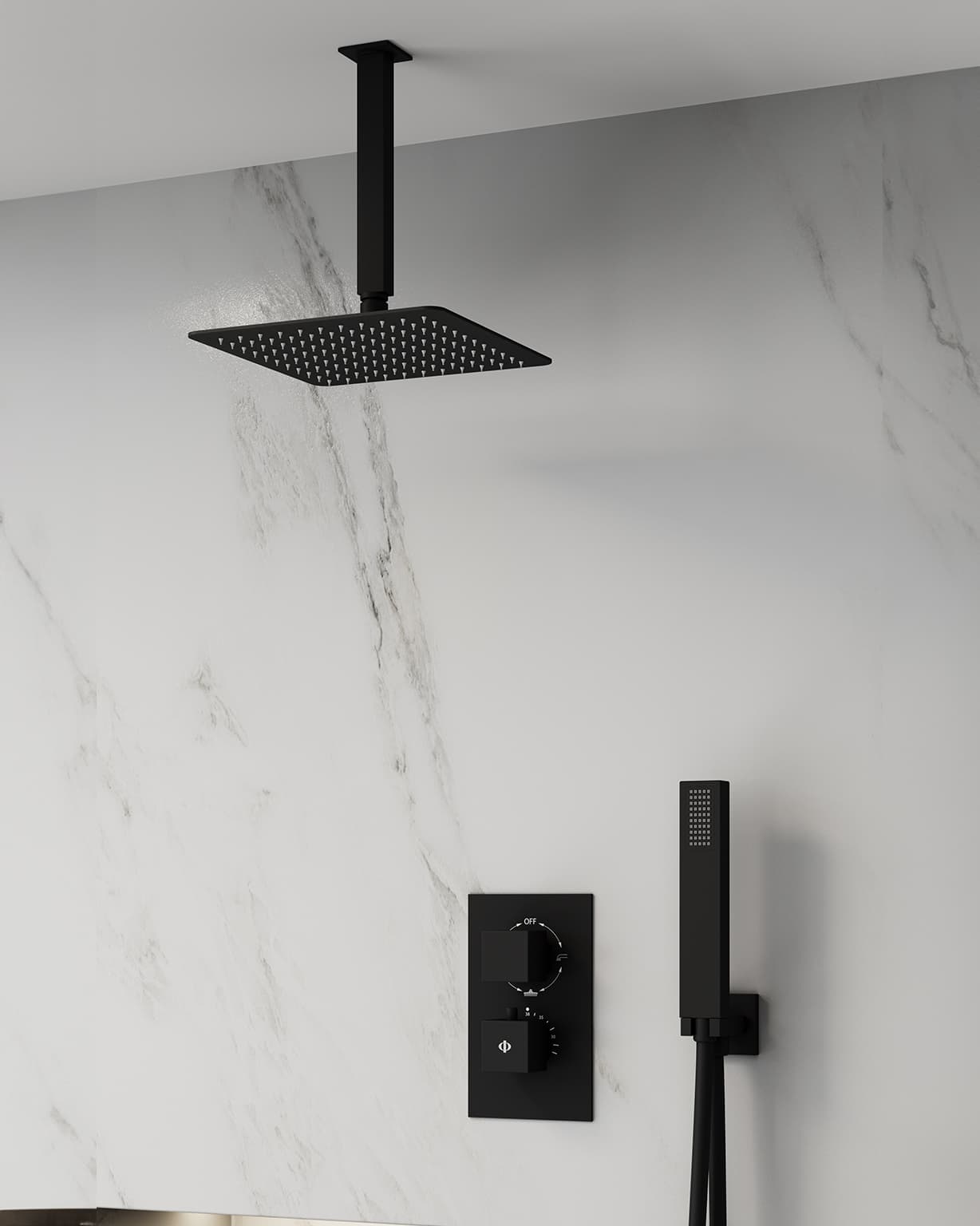 Conjunto de ducha empotrado termostático Orion negro con rociador de techo C3085-T