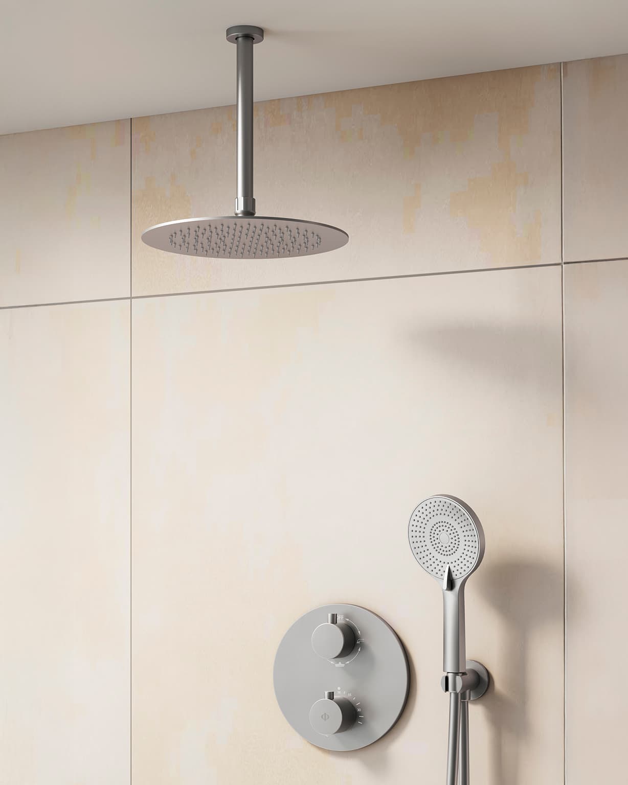 Conjunto de ducha empotrado termostático Round níquel con rociador de techo C3082NK-T