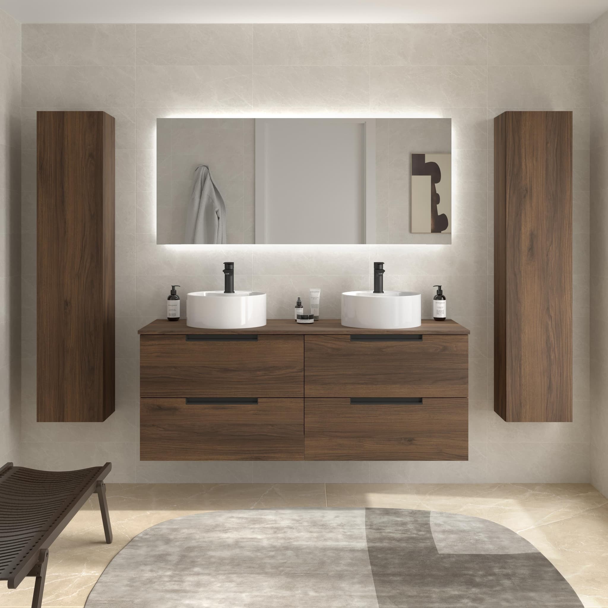 SALGAR LENI Mueble de baño suspendido con lavabo Lisboa 120 2 pozas 4 colores - Nogal