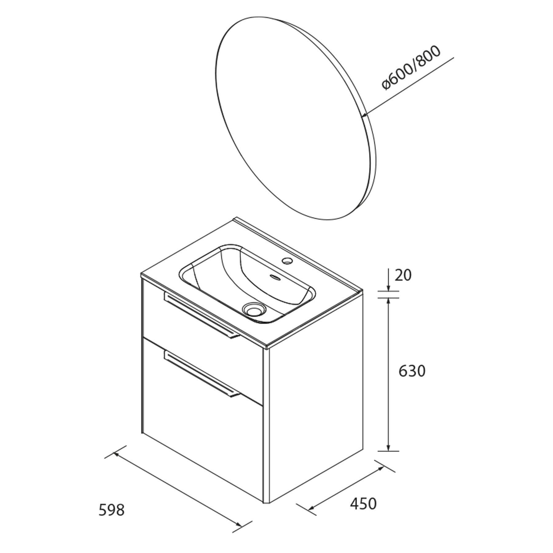 Conjunto de Mueble de baño suspendido LUVA de Salgar con encimera 60-80-100 y espejo premium NORA