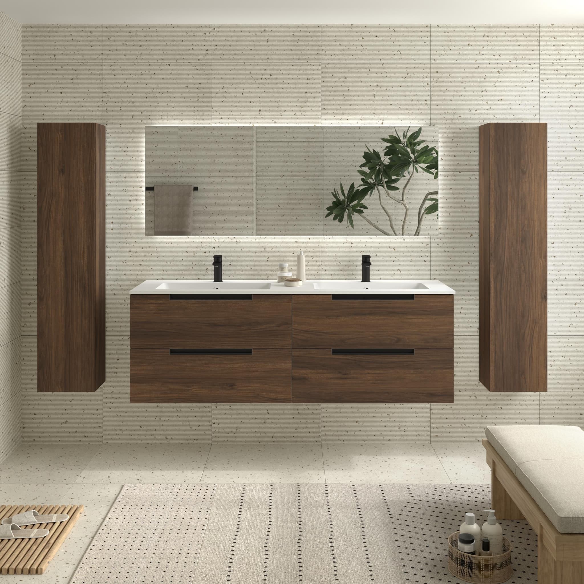 SALGAR LENI Mueble de baño suspendido con lavabo Vilna 160 2 pozas Solid Surface 4 colores - Nogal