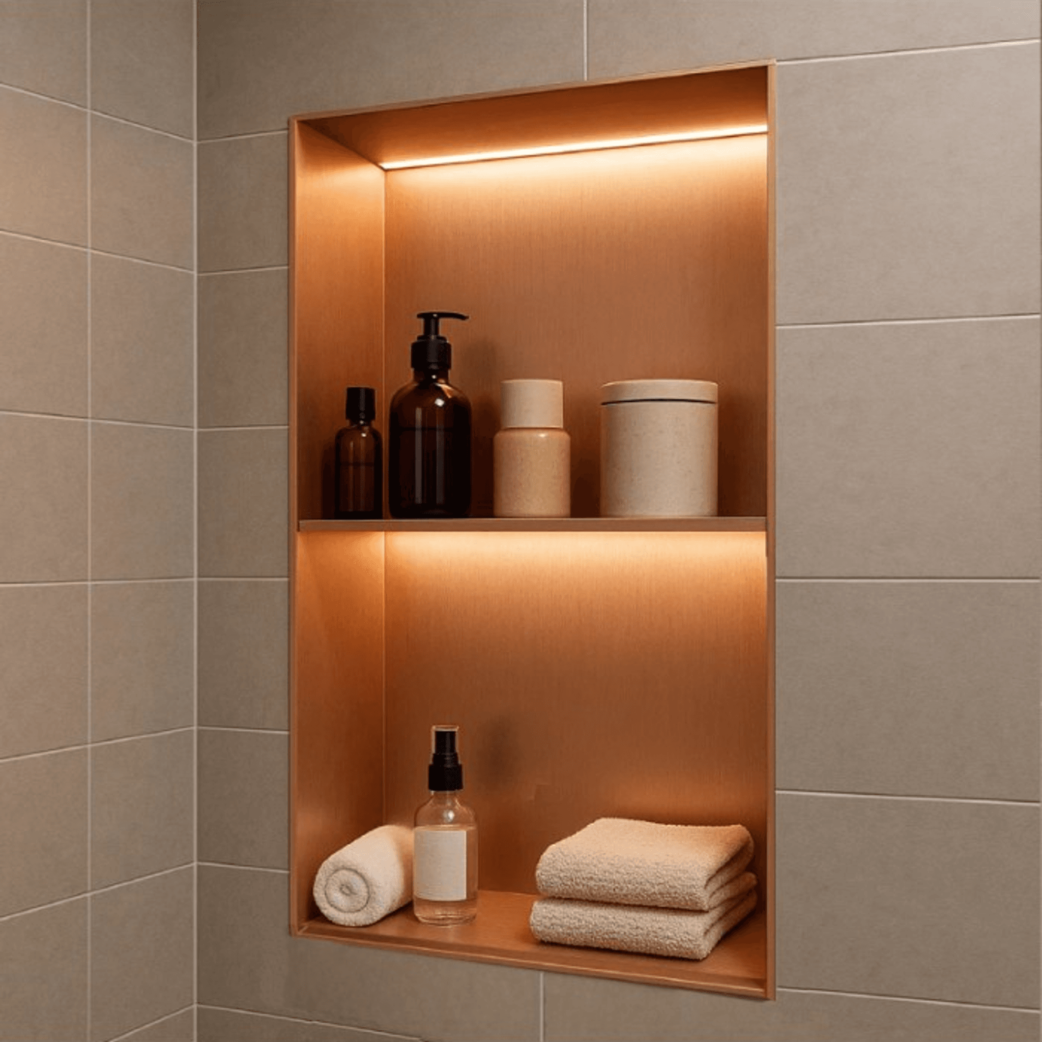 Hornacina para baño vertical con dos estantes oro rosa cepillado con luz led Marshall