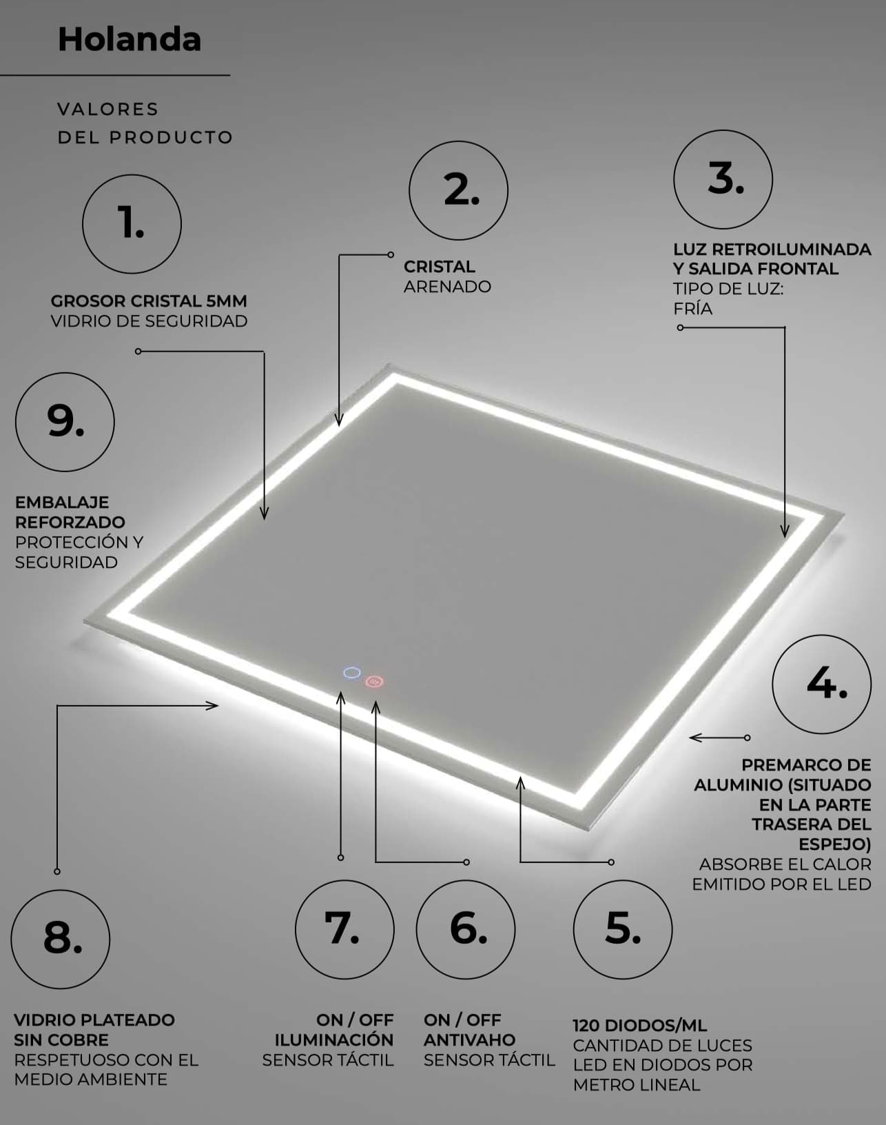 Espejo de baño con luz LED Holanda, antivaho