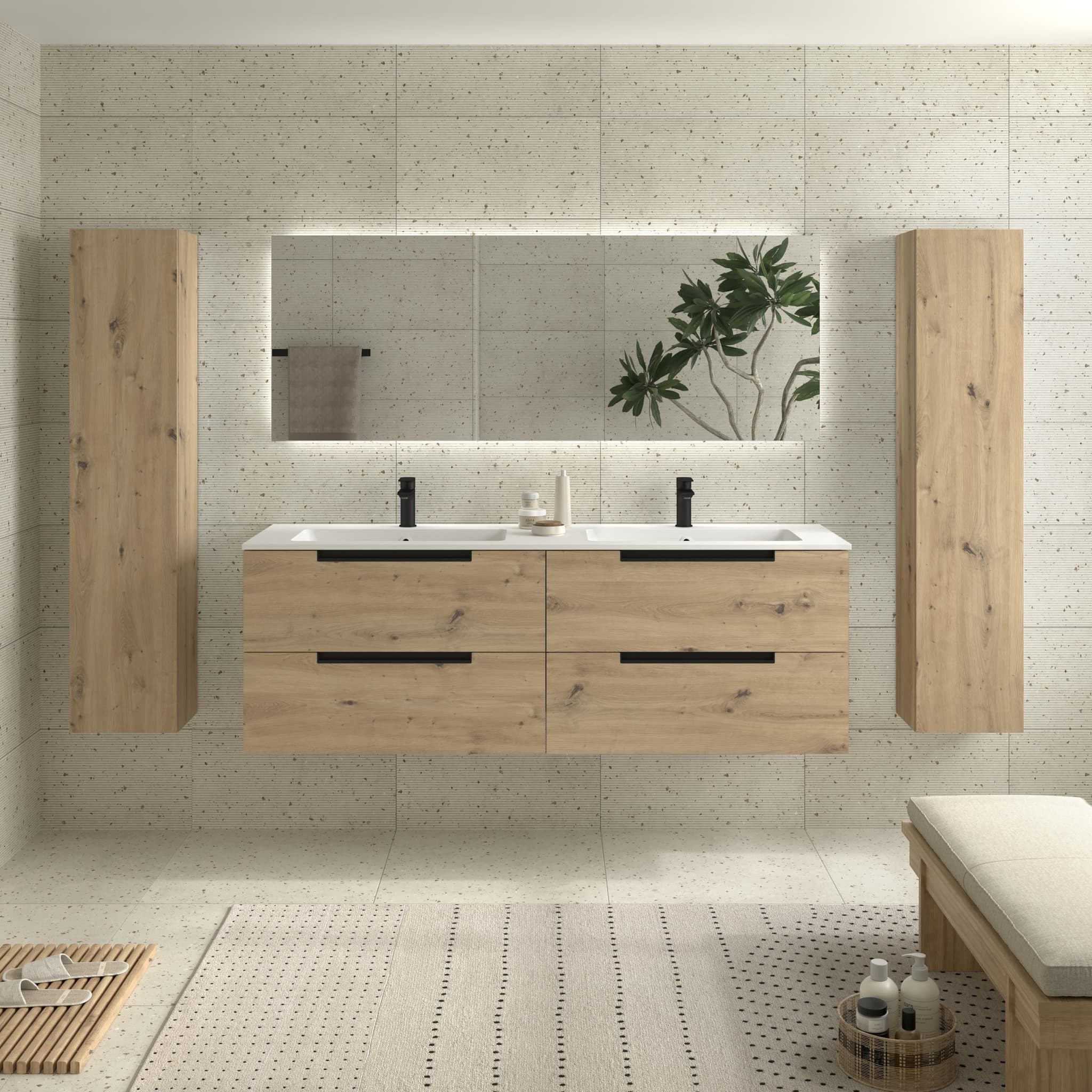 SALGAR LENI Mueble de baño suspendido con lavabo Vilna 160 2 pozas Solid Surface 4 colores - Roble