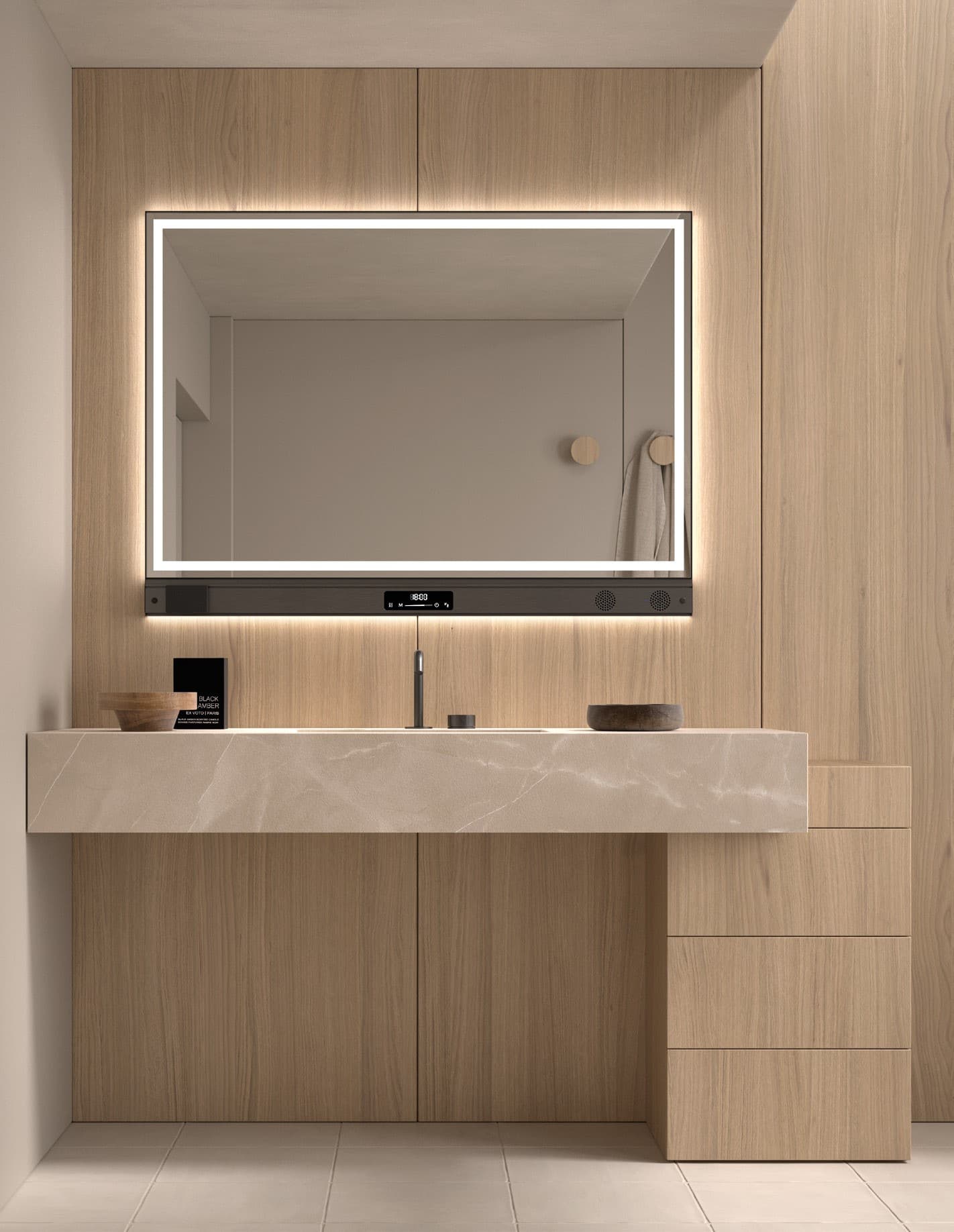 Espejo de baño LED Amalfi de DYLED con barra multifunción, 100-120 cm