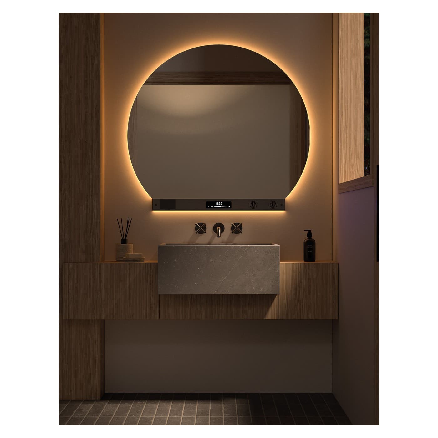 Espejo de baño LED Pisa de DYLED con barra multifunción, Ø 80-120 cm