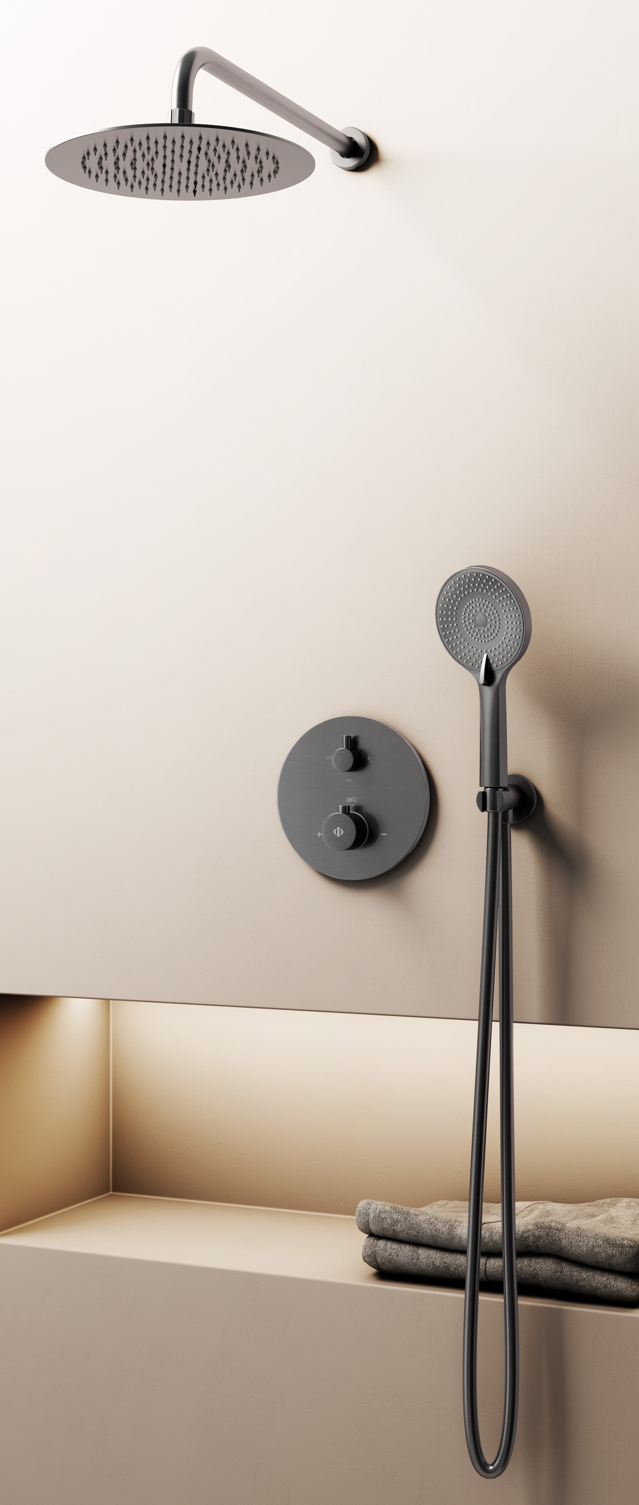 Conjunto de ducha empotrado termostático Round titanio con rociador de pared C3082T-P