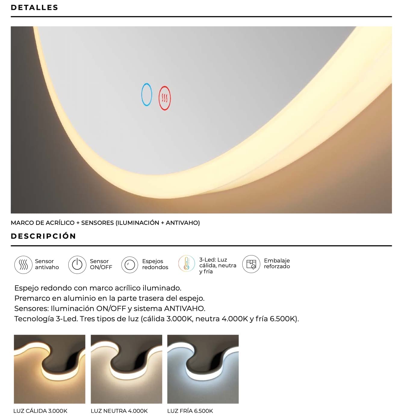 Espejo de baño con luz LED Atenas Redondo Ledimex