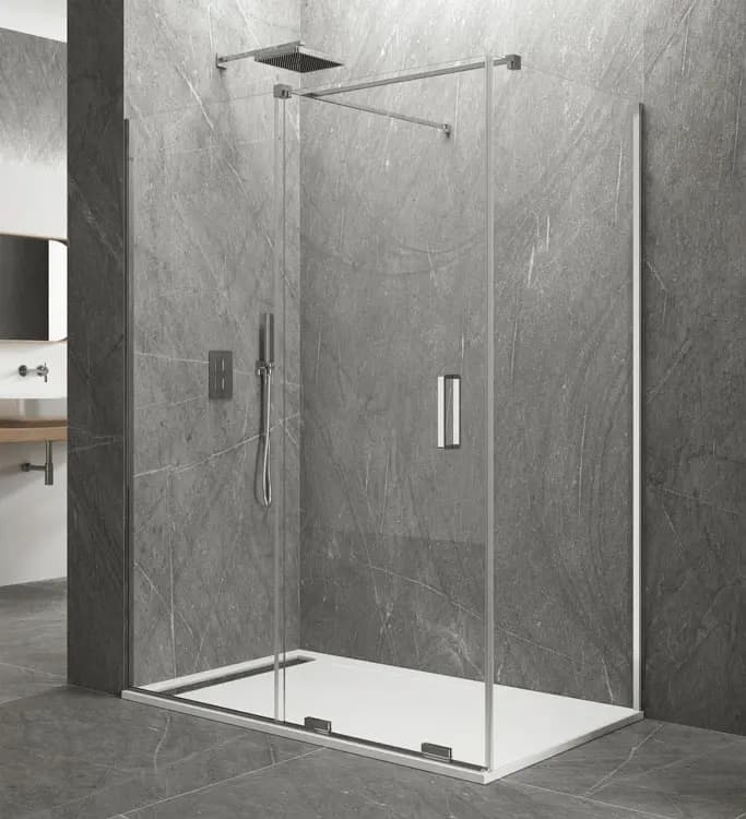 Mampara frontal fijo con puerta corredera y lateral fijo KENNA de GME cromo