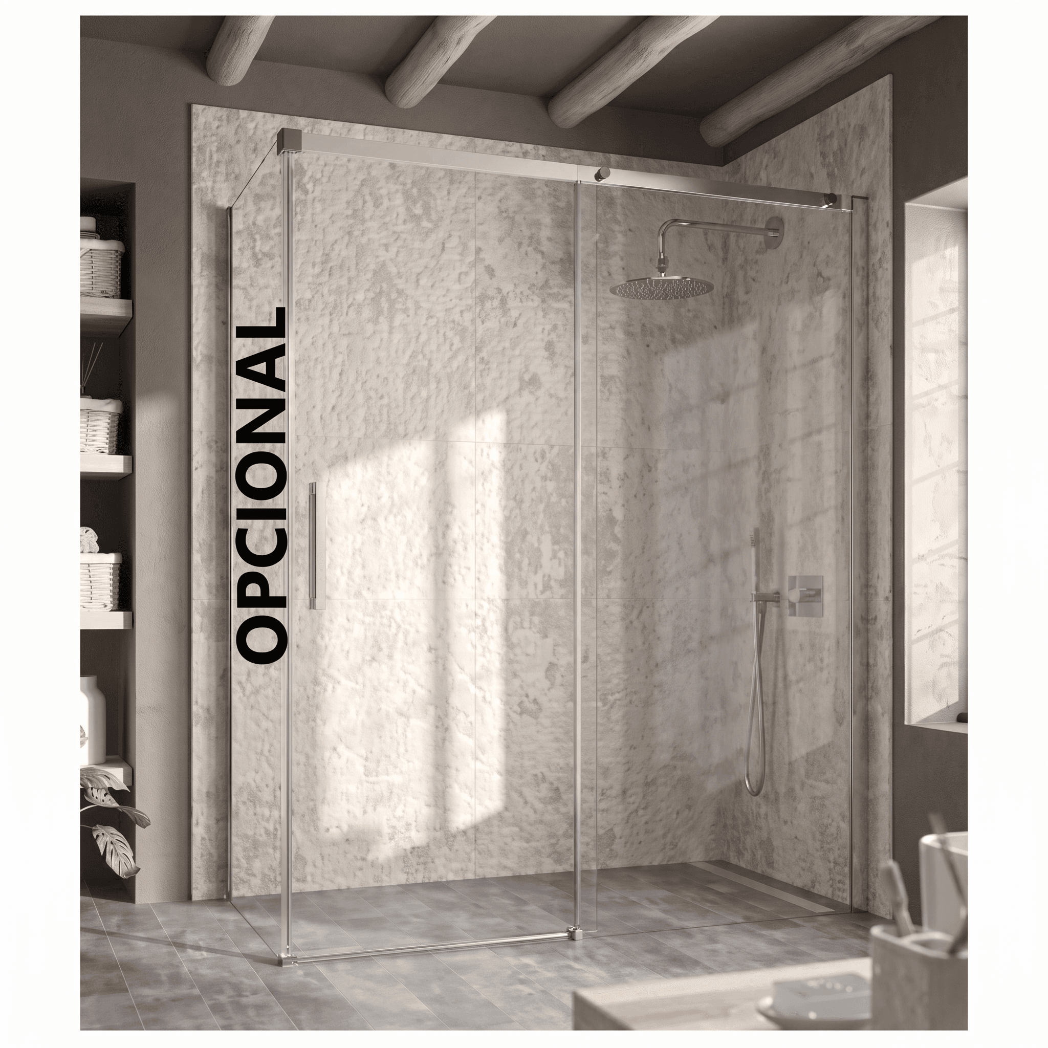 Mampara frontal fijo con puerta corredera LUNA de Kassandra CROMO (lateral opcional)