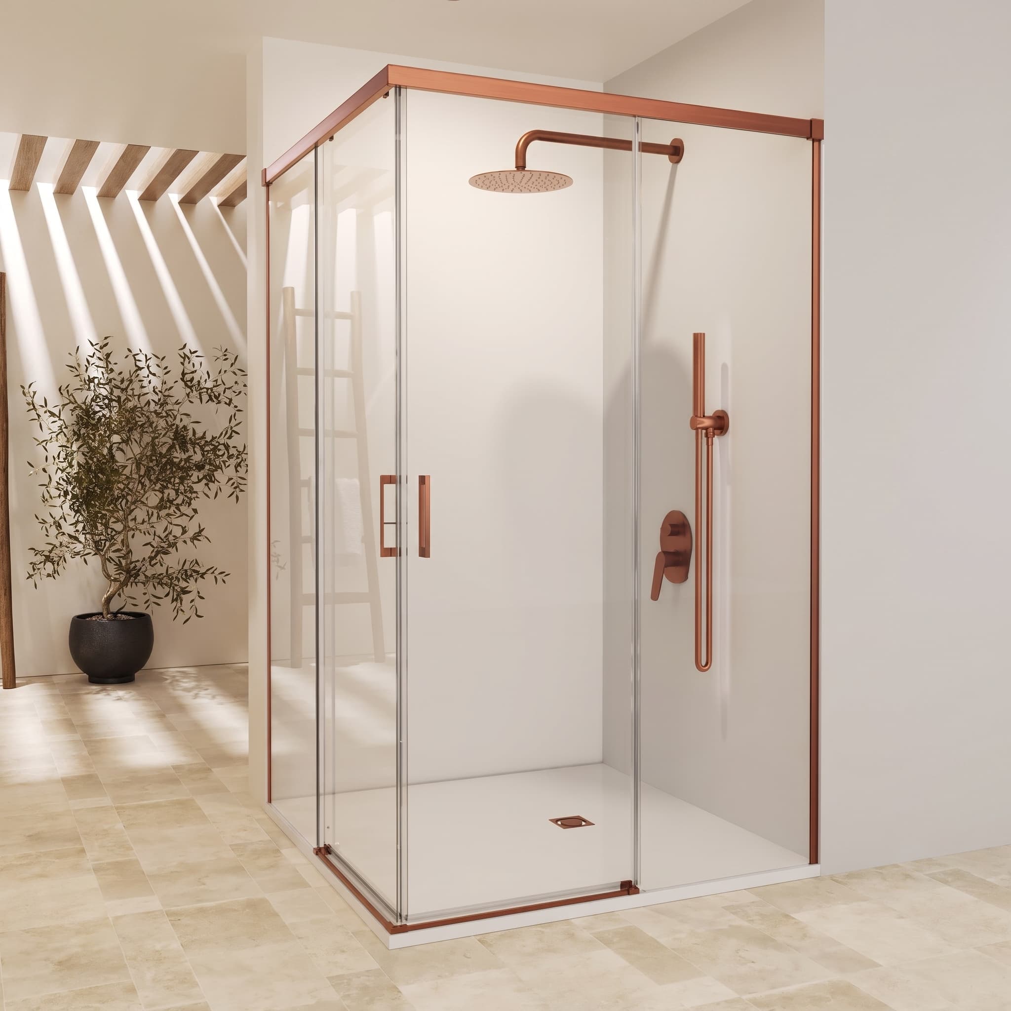 SBX_Imex Mampara de ducha angular Stylo 2F+2C apertura vértice Oro rosa cepillado