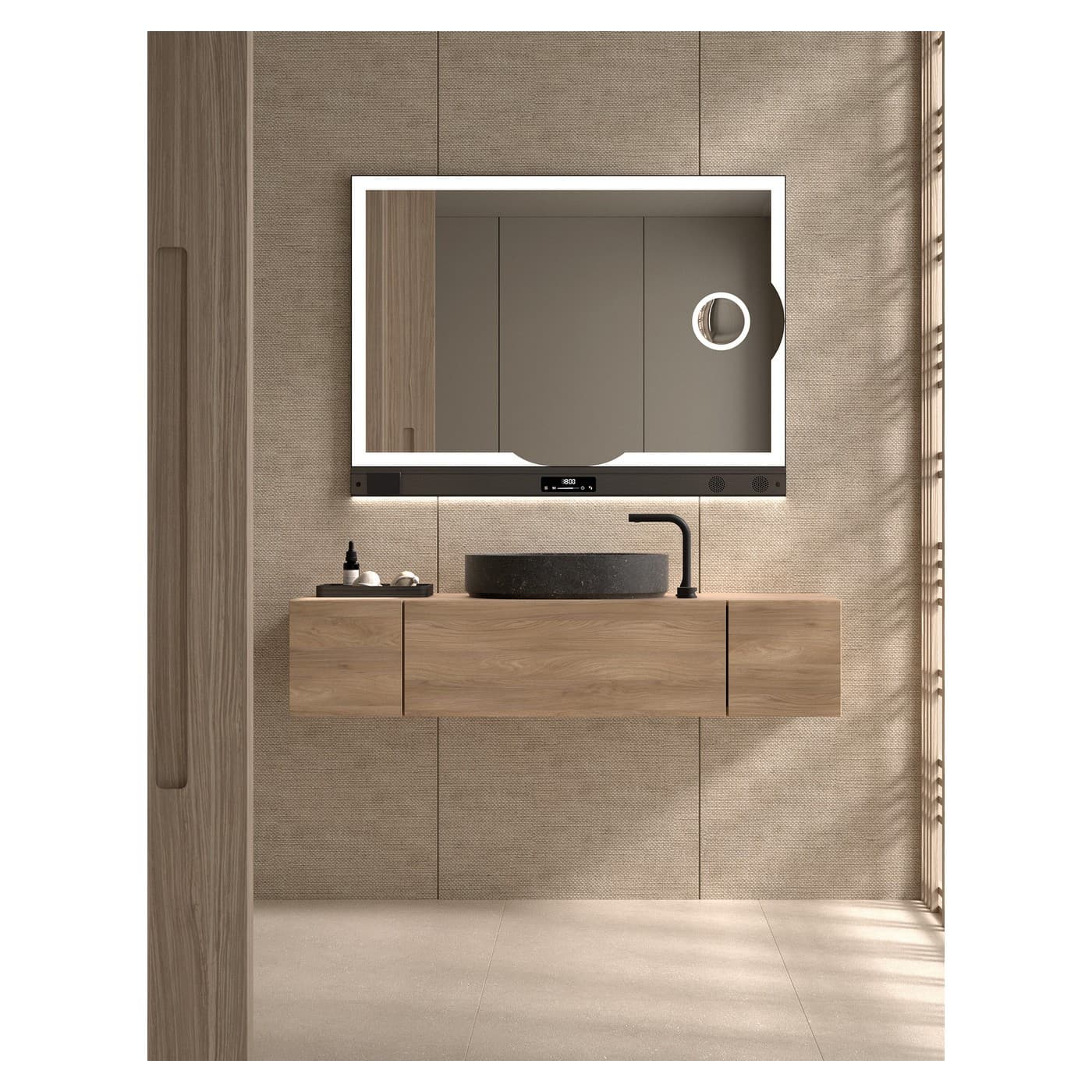 Espejo de baño LED Toscana de DYLED con barra multifunción, 80-160 cm