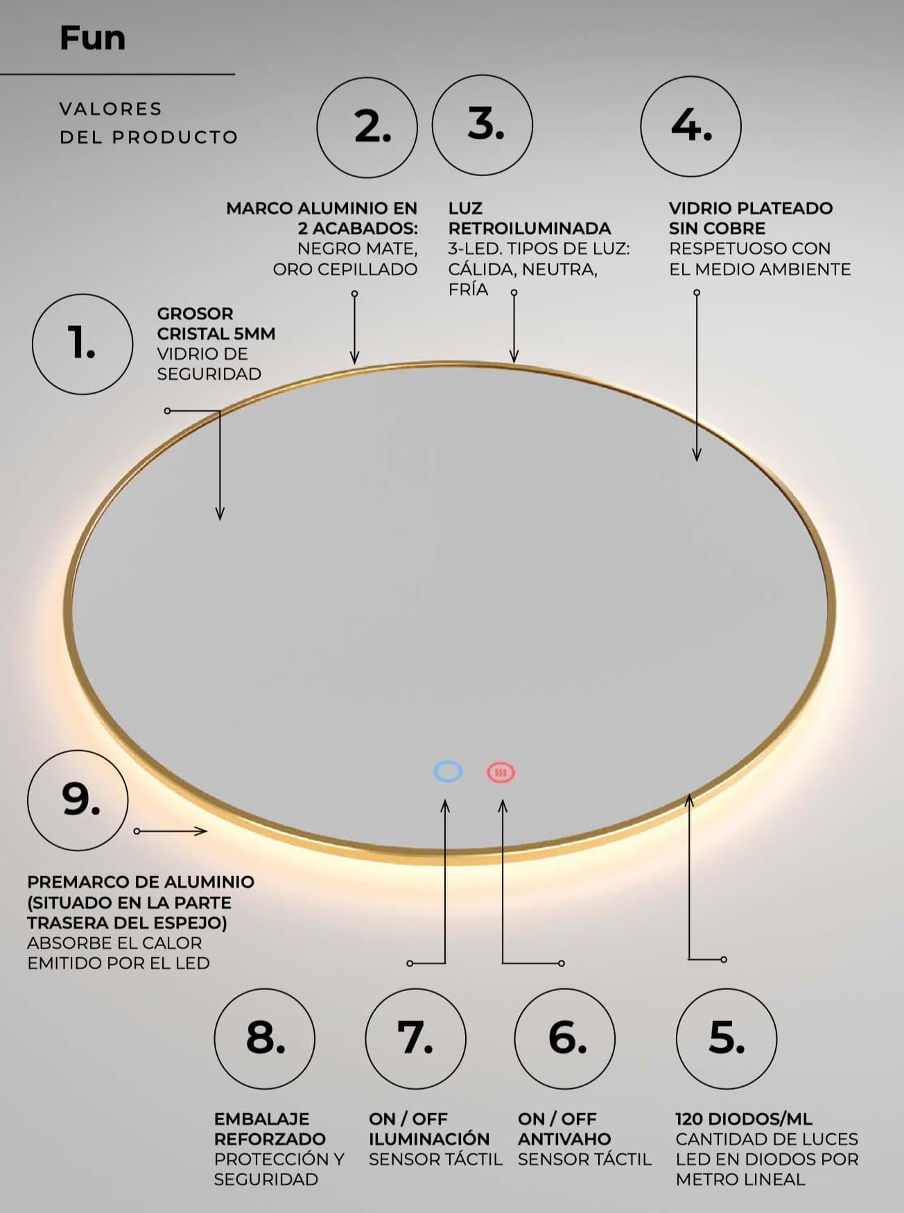 Espejo de baño con luz LED Fun Ledimex ( Negro y Oro )