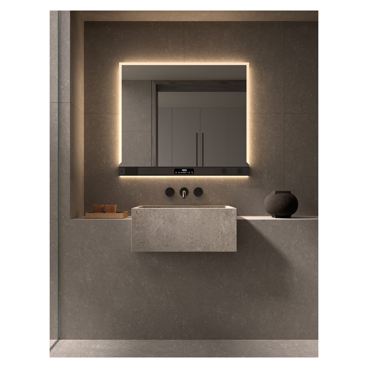 Espejo de baño LED Salzburgo de DYLED con barra multifunción, 60-160 cm