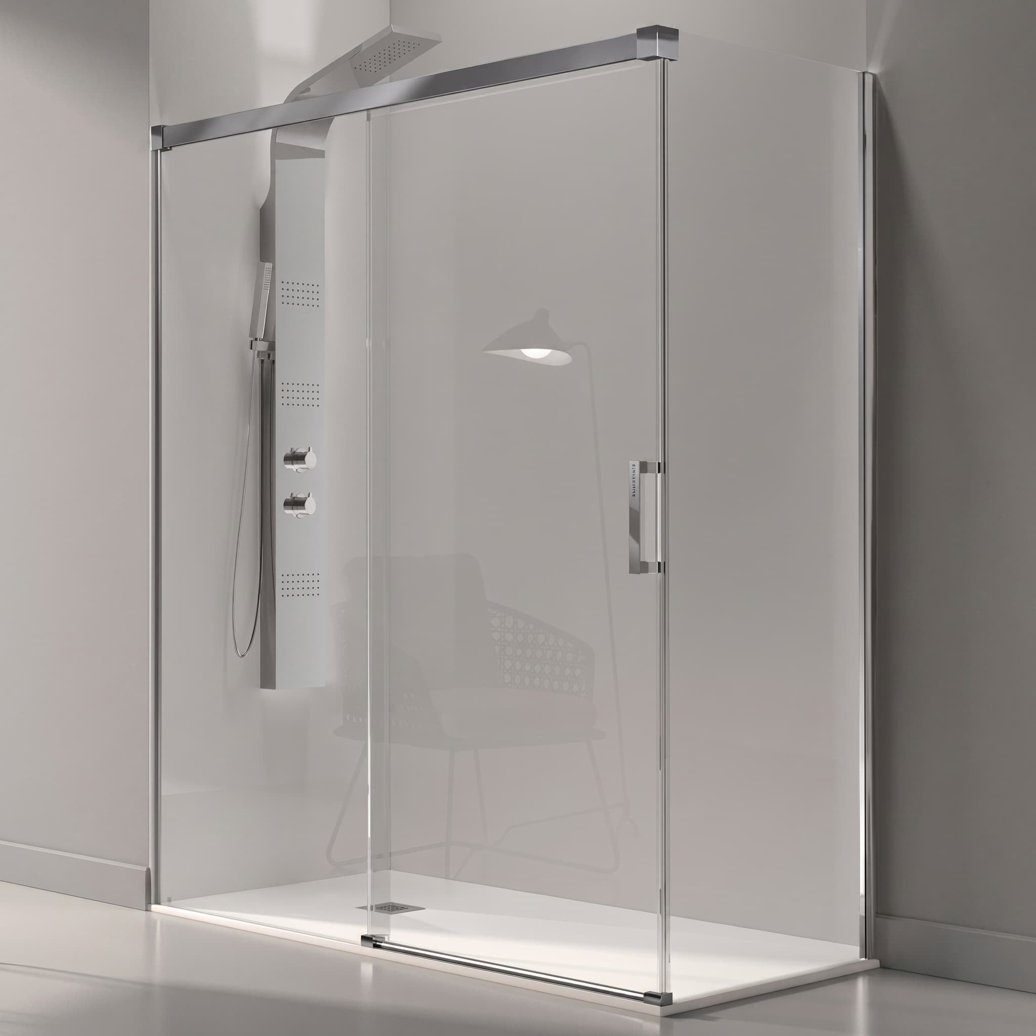 Mampara frontal fijo con puerta corredera GLASÉ de Kassandra (lateral opcional)