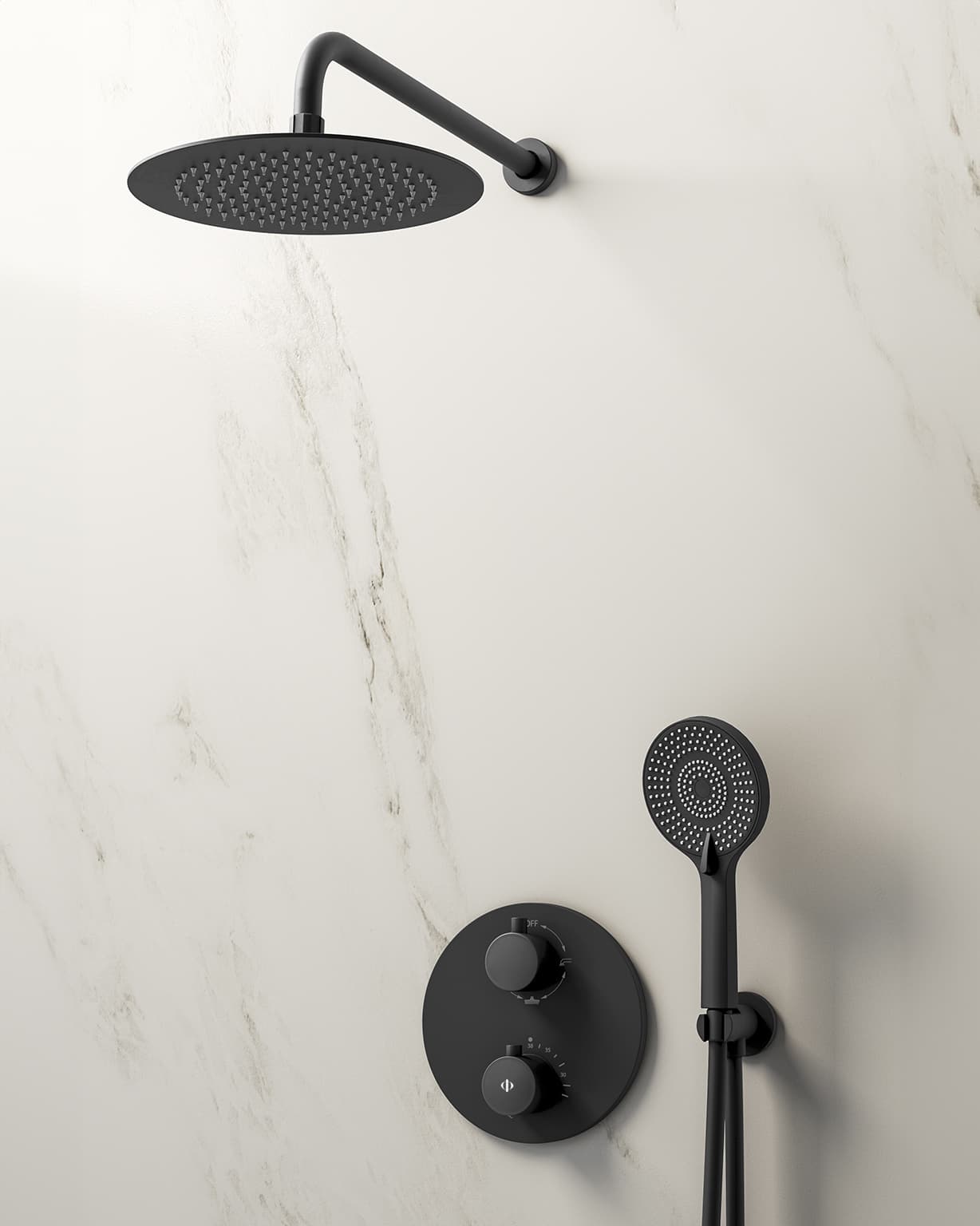 Conjunto de ducha empotrado termostático Round negro con rociador de pared C3083-P