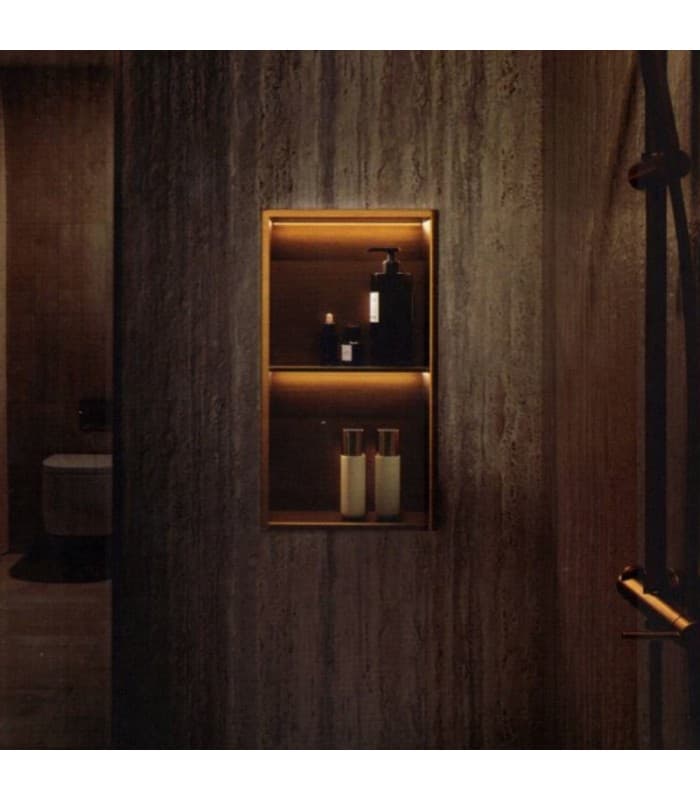 Hornacina para baño vertical con dos estantes oro cepillado con luz led Marshall