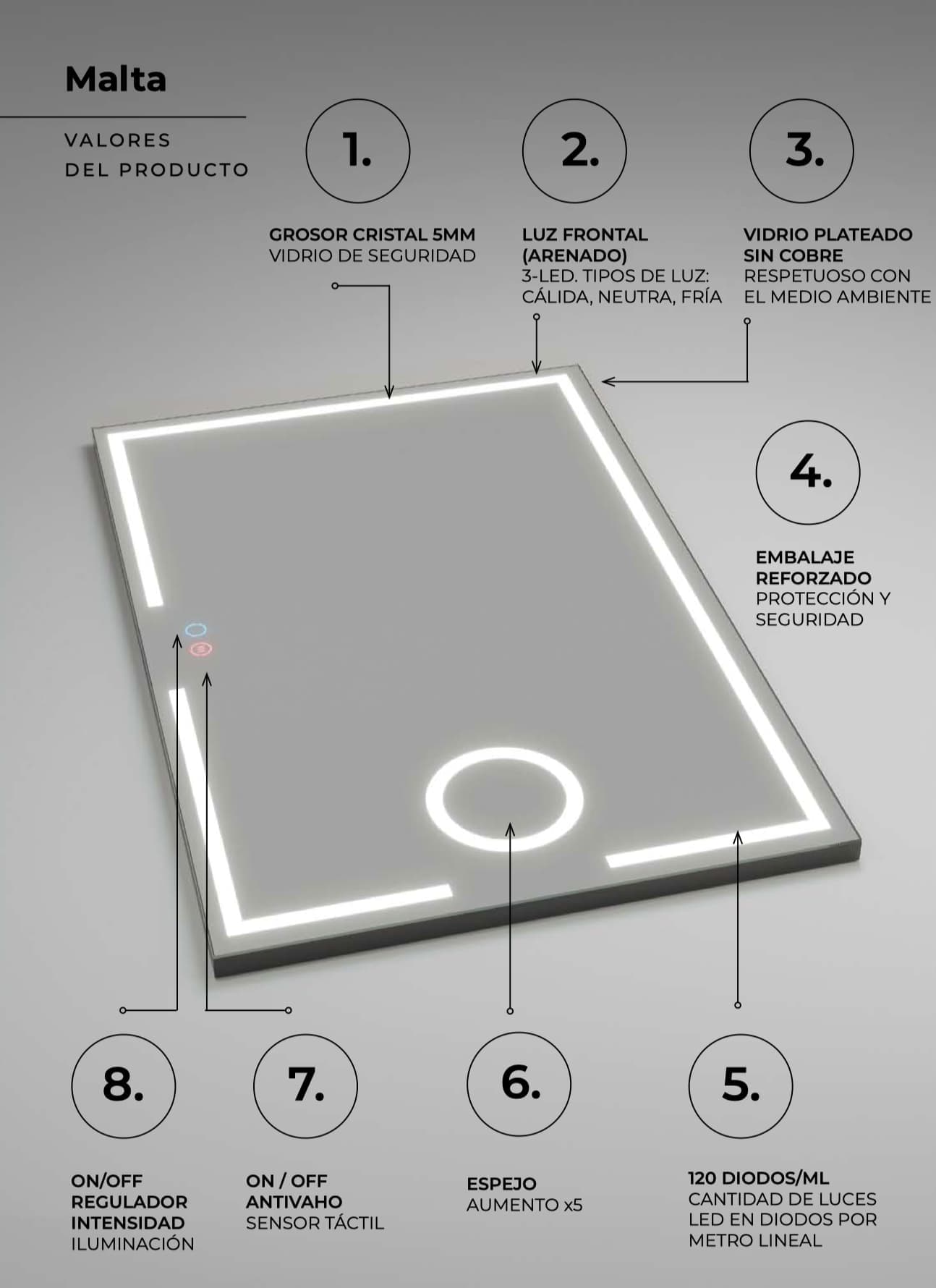 Espejo de baño con luz LED Malta Ledimex con aumento