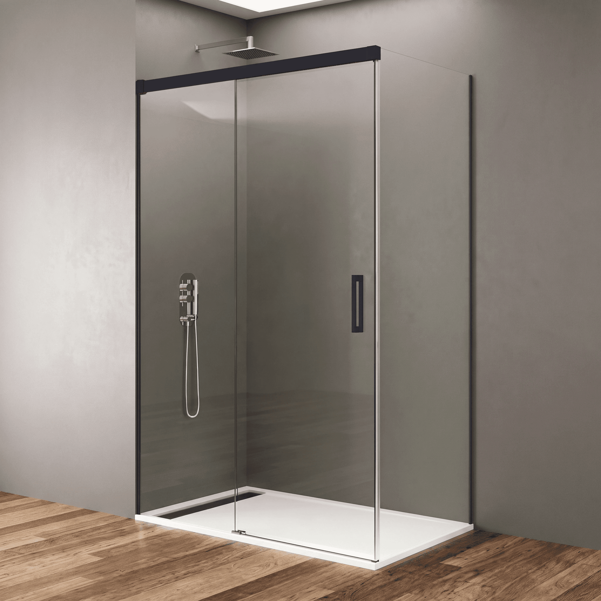 Mampara frontal fijo con puerta corredera y lateral fijo BASIC de GME negro