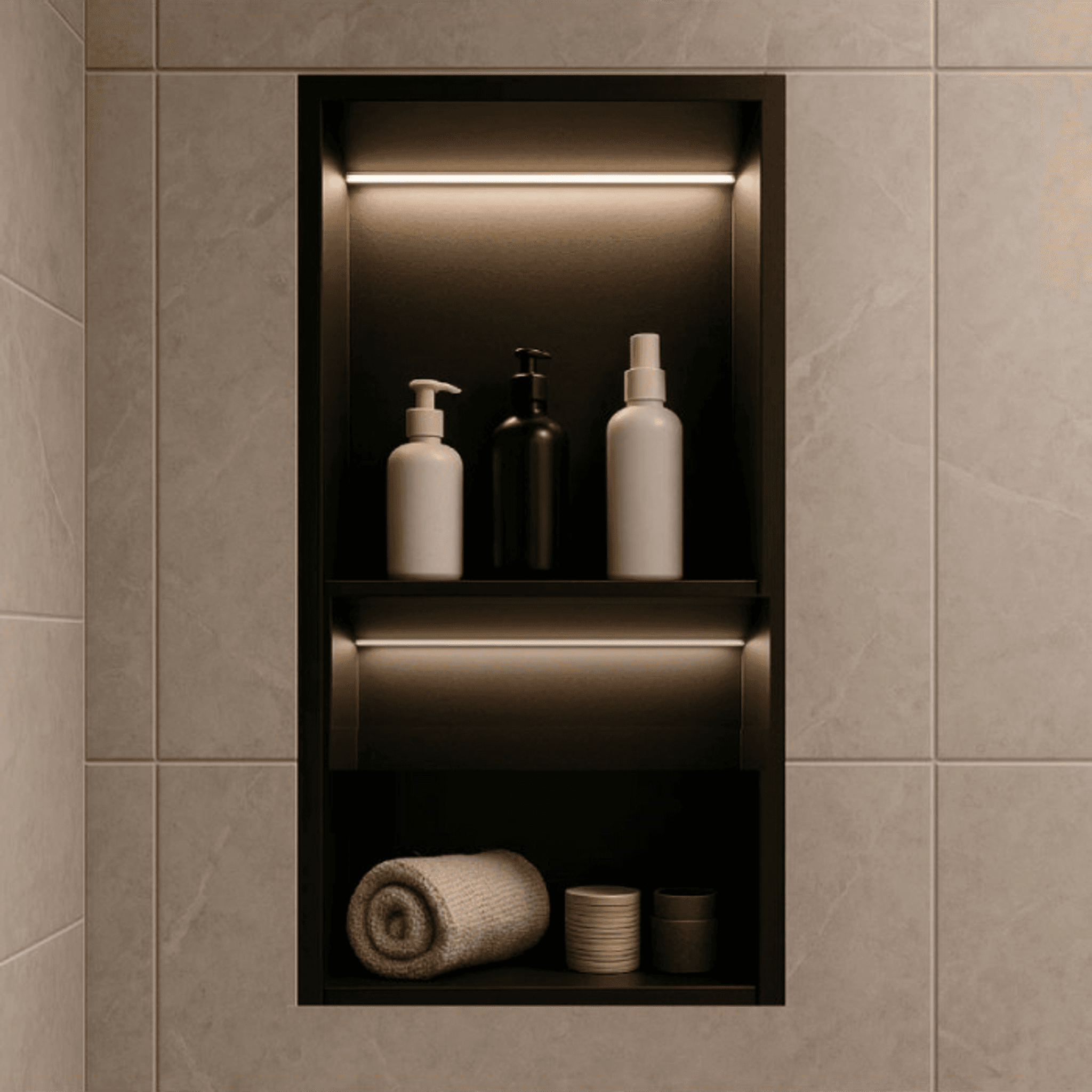 Hornacina para baño vertical con dos estantes negra con luz led Marshall