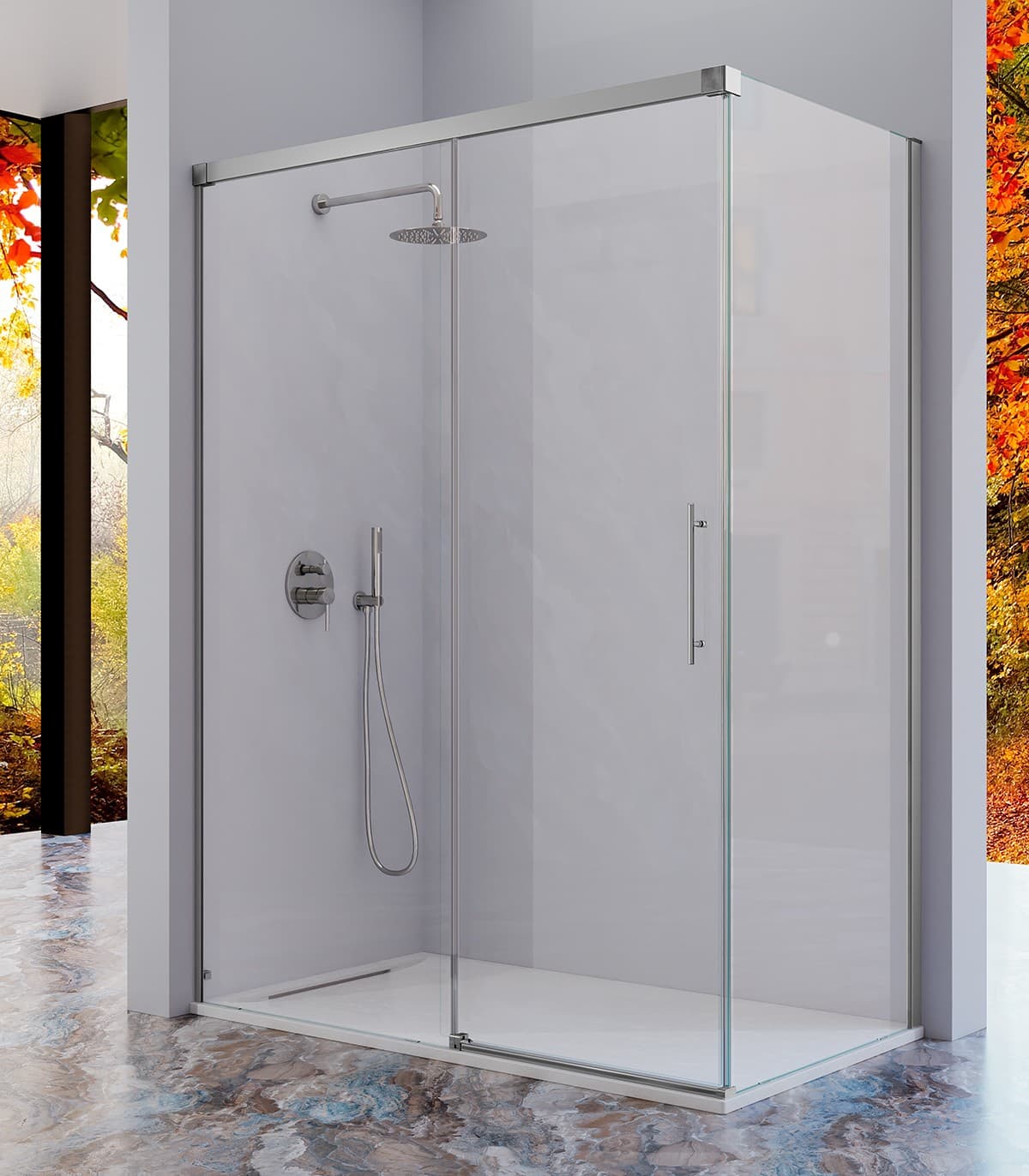 Mampara frontal fijo con puerta corredera y lateral fijo opcional URBAN de Kassandra Plata brillo