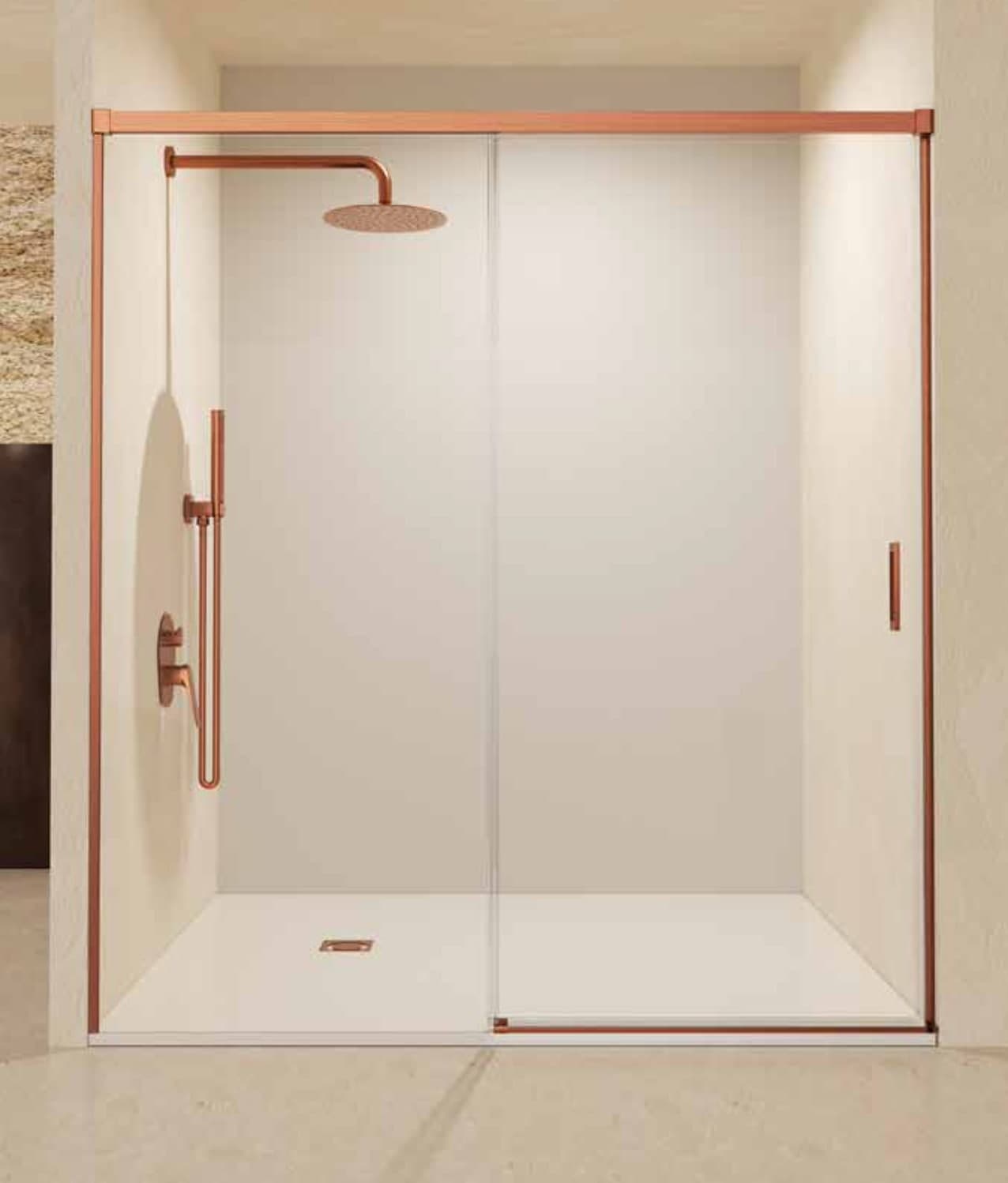 SBX_Imex Mampara de ducha frontal corredera Stylo 1F + 1C Oro Rosa Cepillado Op. lateral fijo