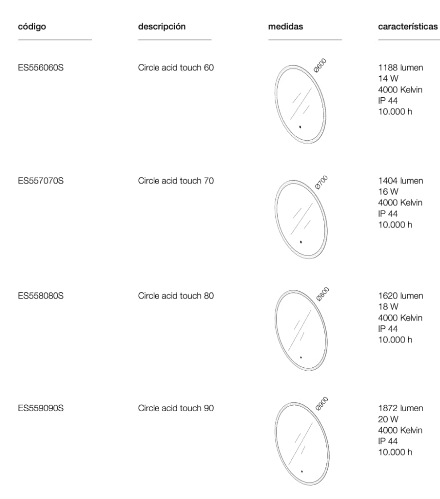 Espejo de baño con luz LED Circle Acid touch con antivaho