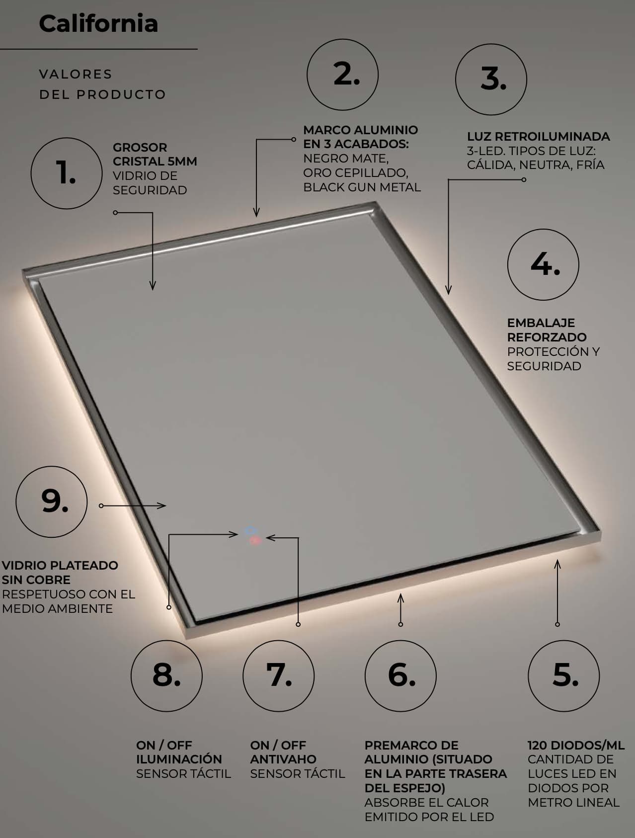 Espejo de baño con luz LED California Ledimex ( Negro, black gun metal, oro cepillado )