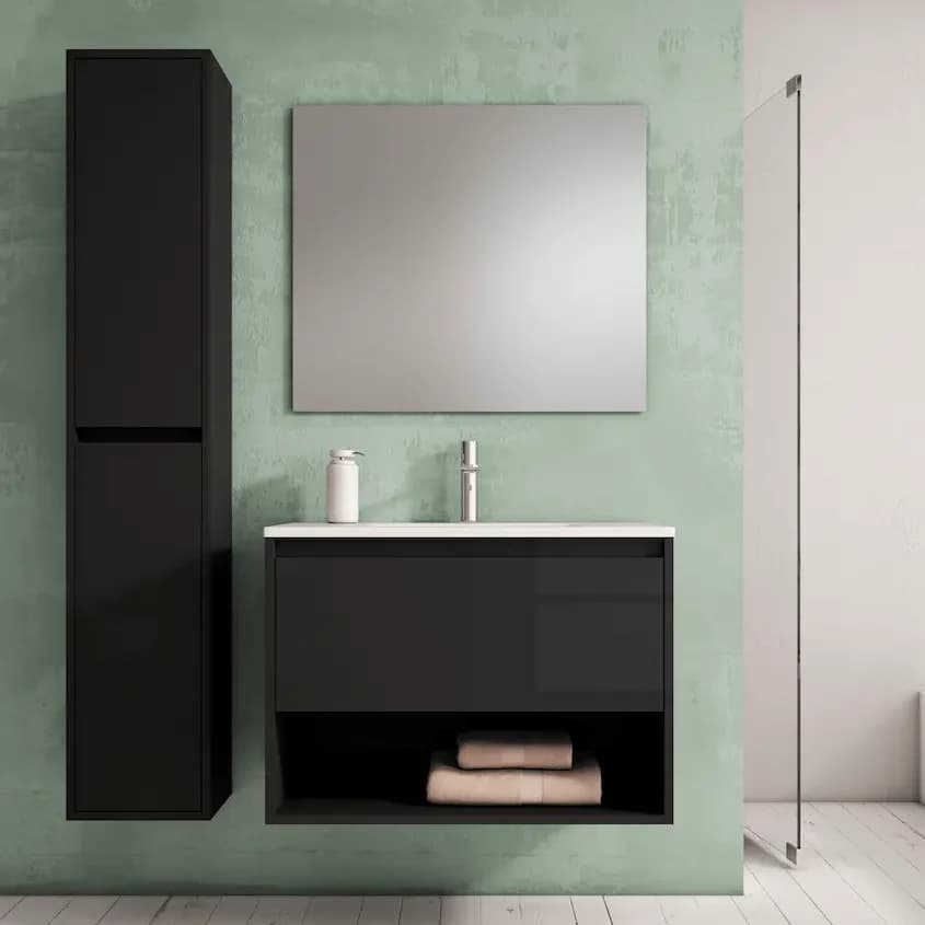 Conjunto Yera en acabado oscuro con lavabo blanco y espejo rectangular