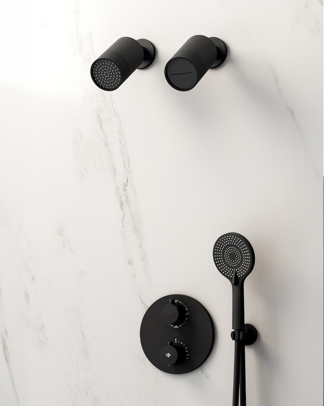 Conjunto de ducha empotrado termostático Round negro con doble rociador C3083-M