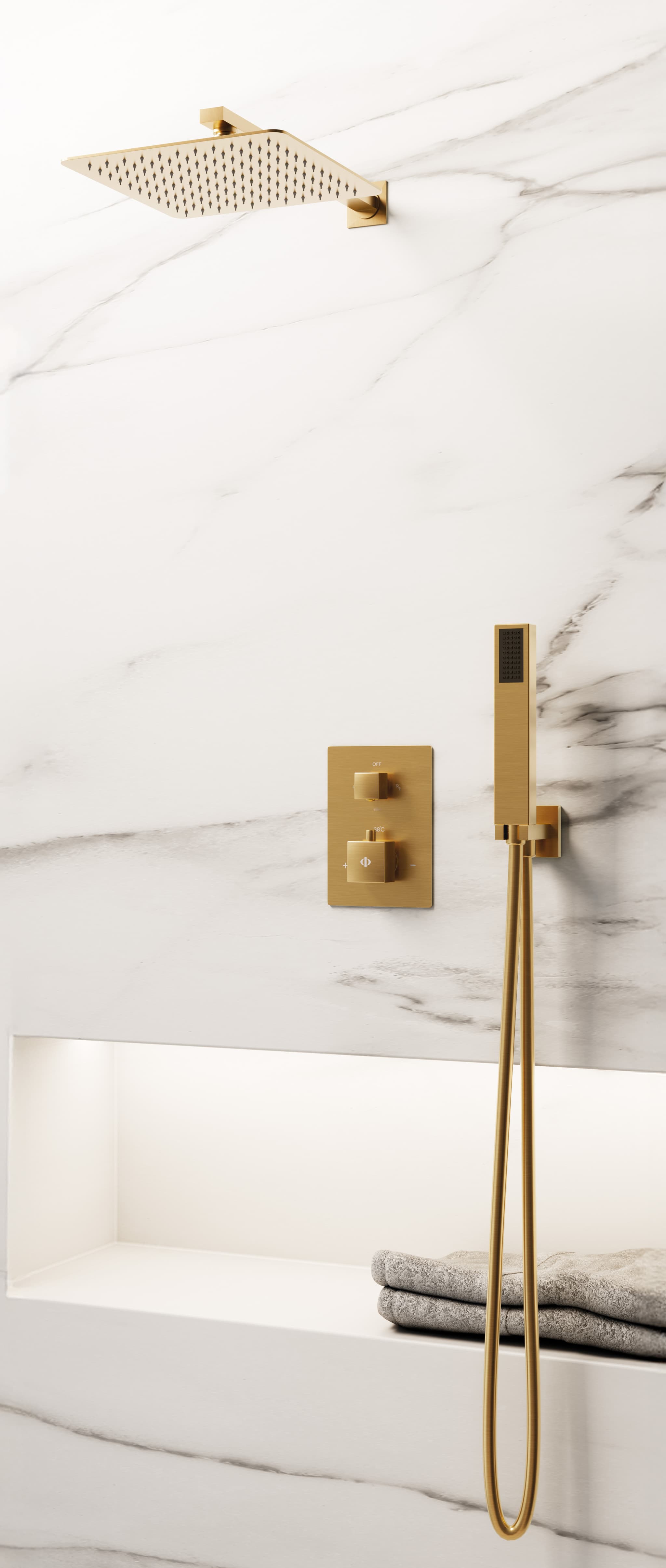 Conjunto de ducha empotrado termostático Orion oro con rociador de pared C3084OR-P