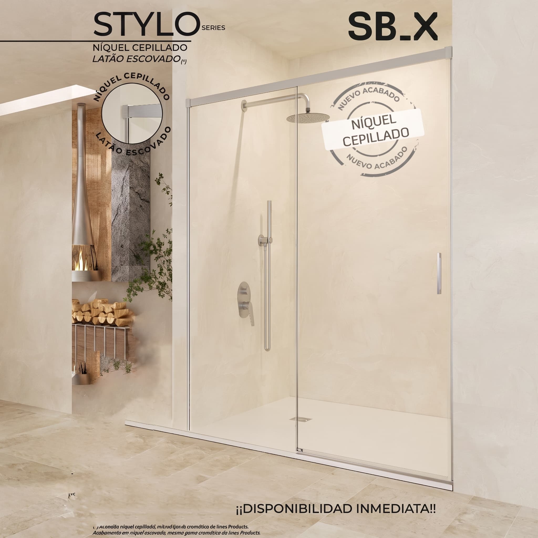 SBX_Imex Mampara de ducha frontal corredera Stylo 1F + 1C Niquel Cepillado Op. lateral fijo