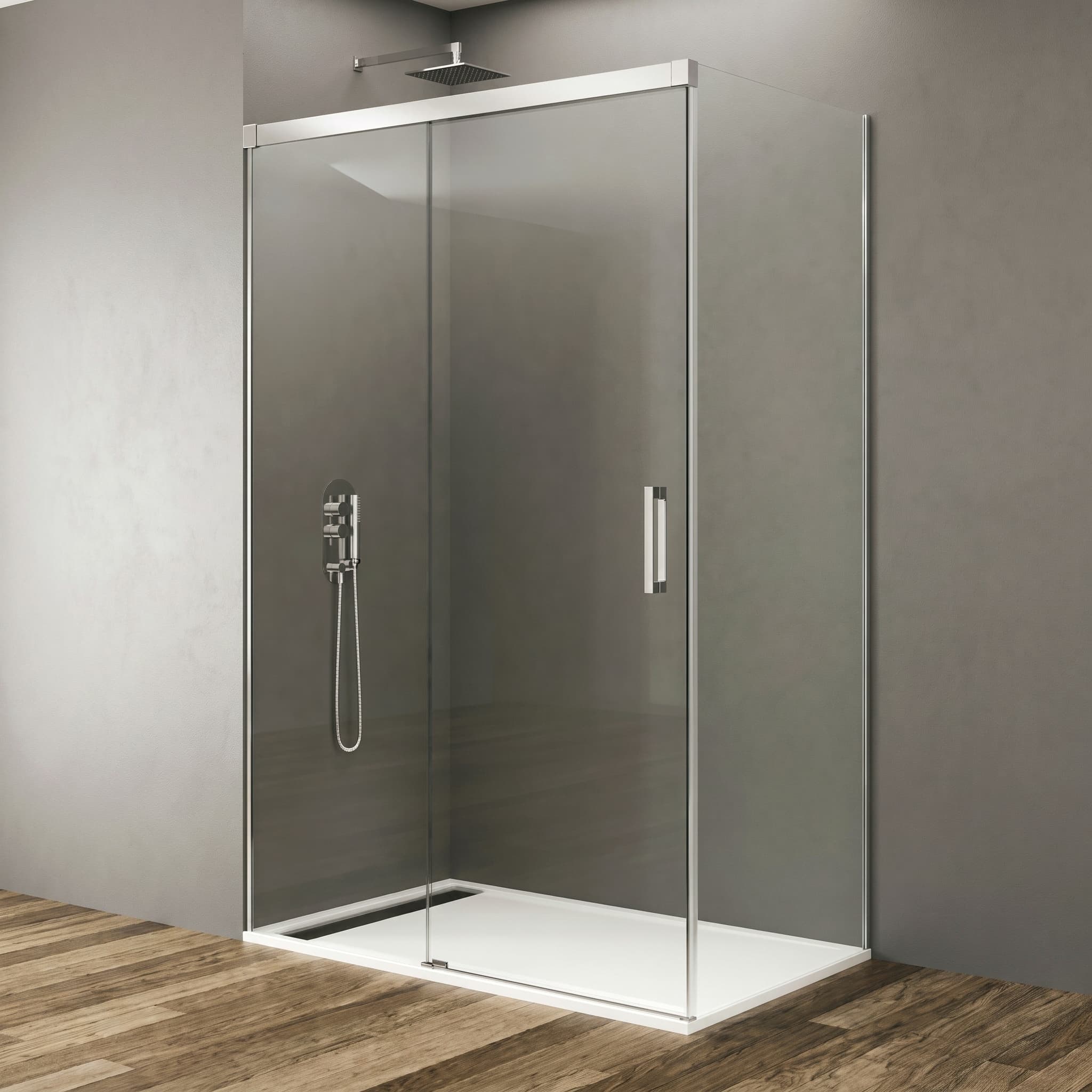 Mampara frontal fijo con puerta corredera y lateral fijo BASIC de GME