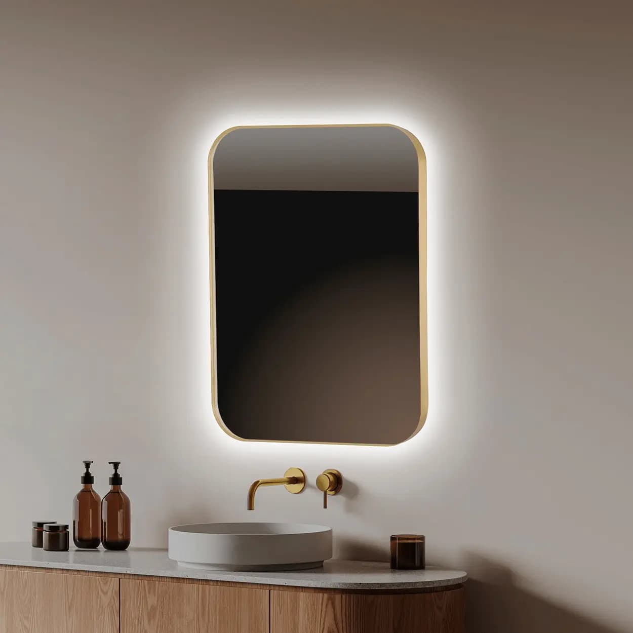Espejo de baño con luz LED rectangular redondo B-961 Oro cepillado