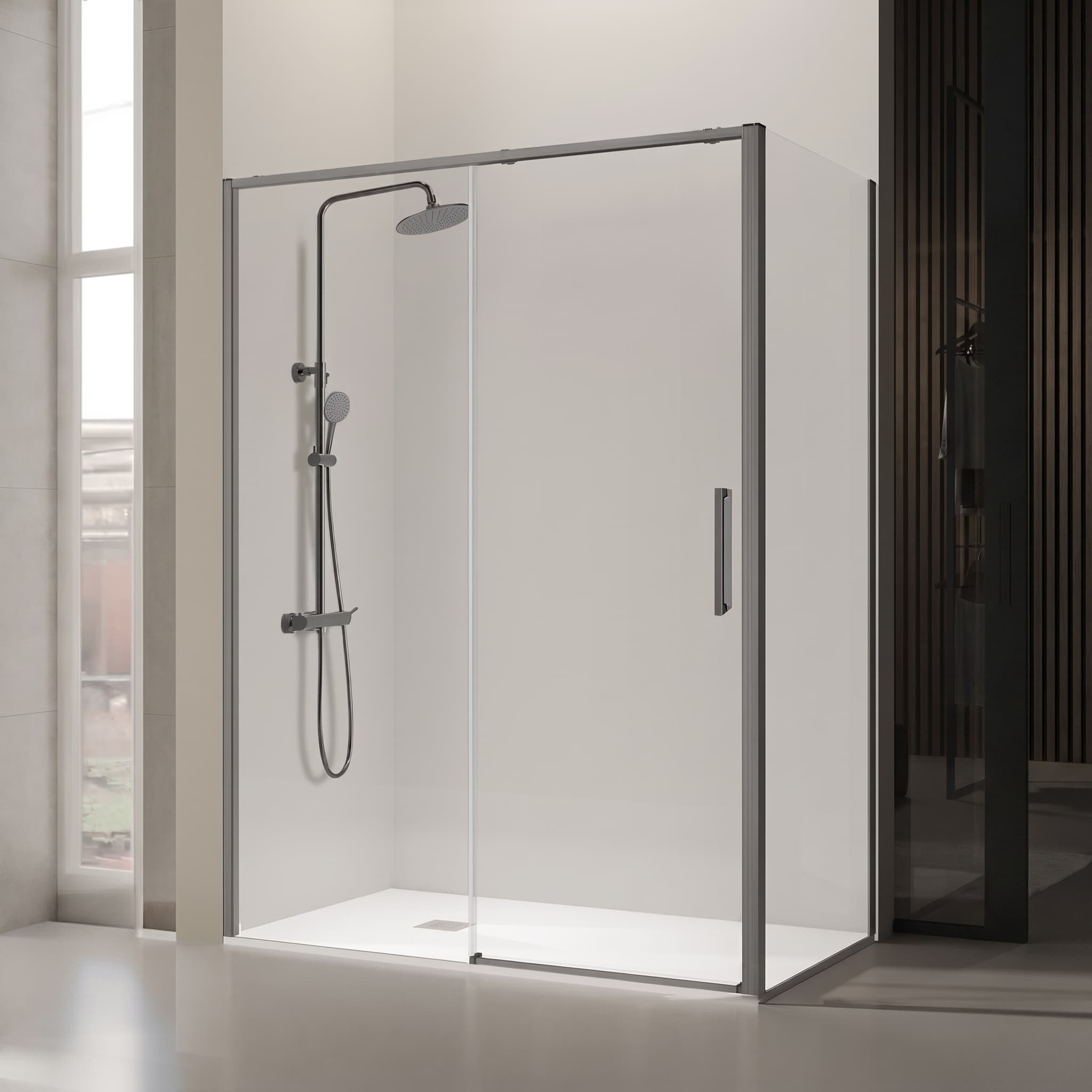 Mampara frontal fijo con puerta corredera DELTA de Kassandra gun metal (lateral opcional)