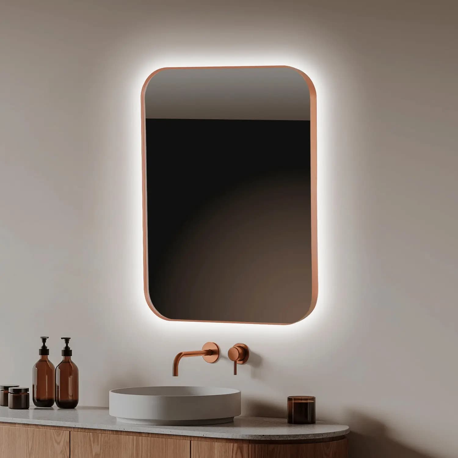 Espejo de baño con luz LED rectangular redondo B-961 Oro rosa cepillado