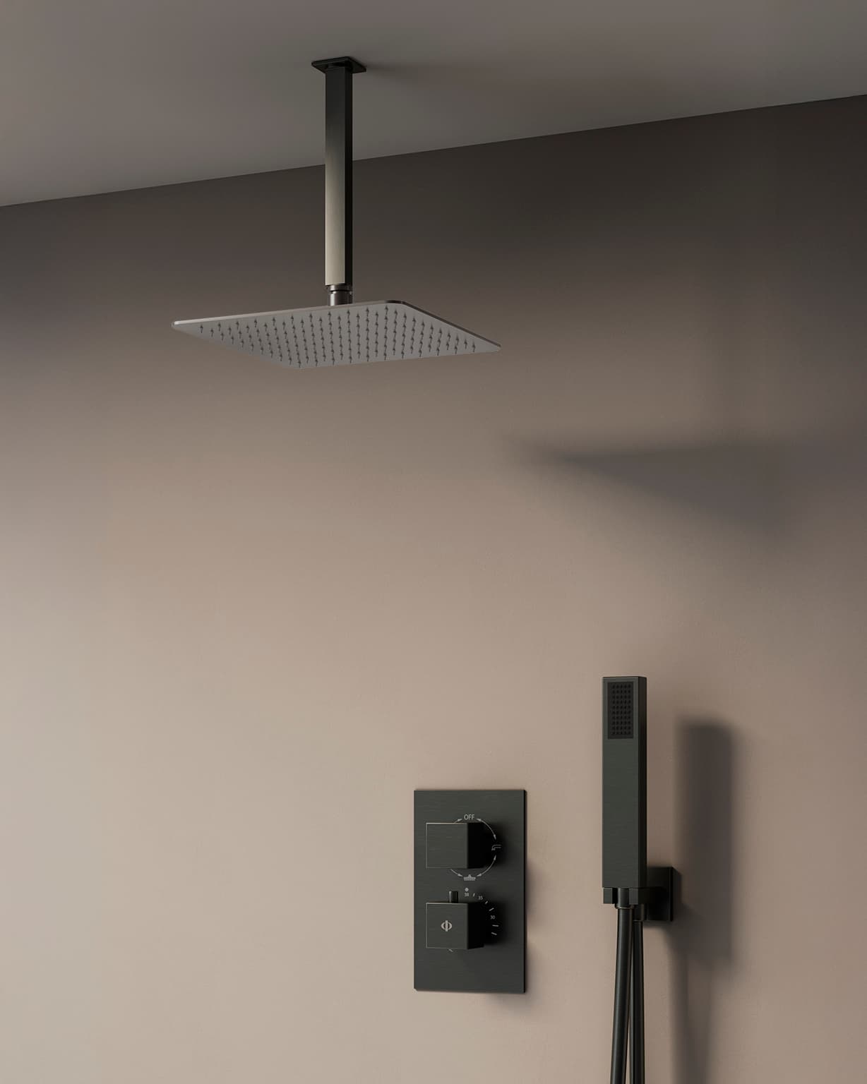 Conjunto de ducha empotrado termostático Orion titanio con rociador de techo C3084T-T